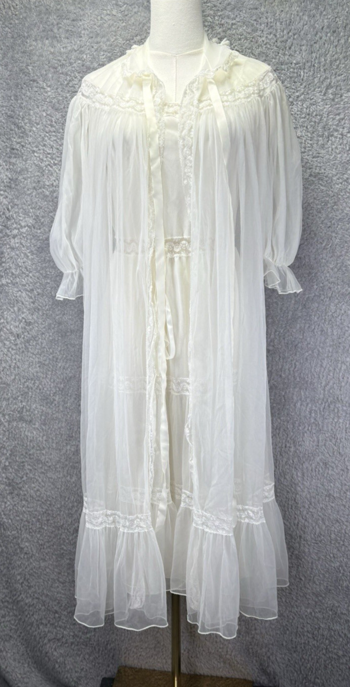 Vtg Fern Lingerie New York White Ivory Peignoir Set Nightgown & Sheer Robe