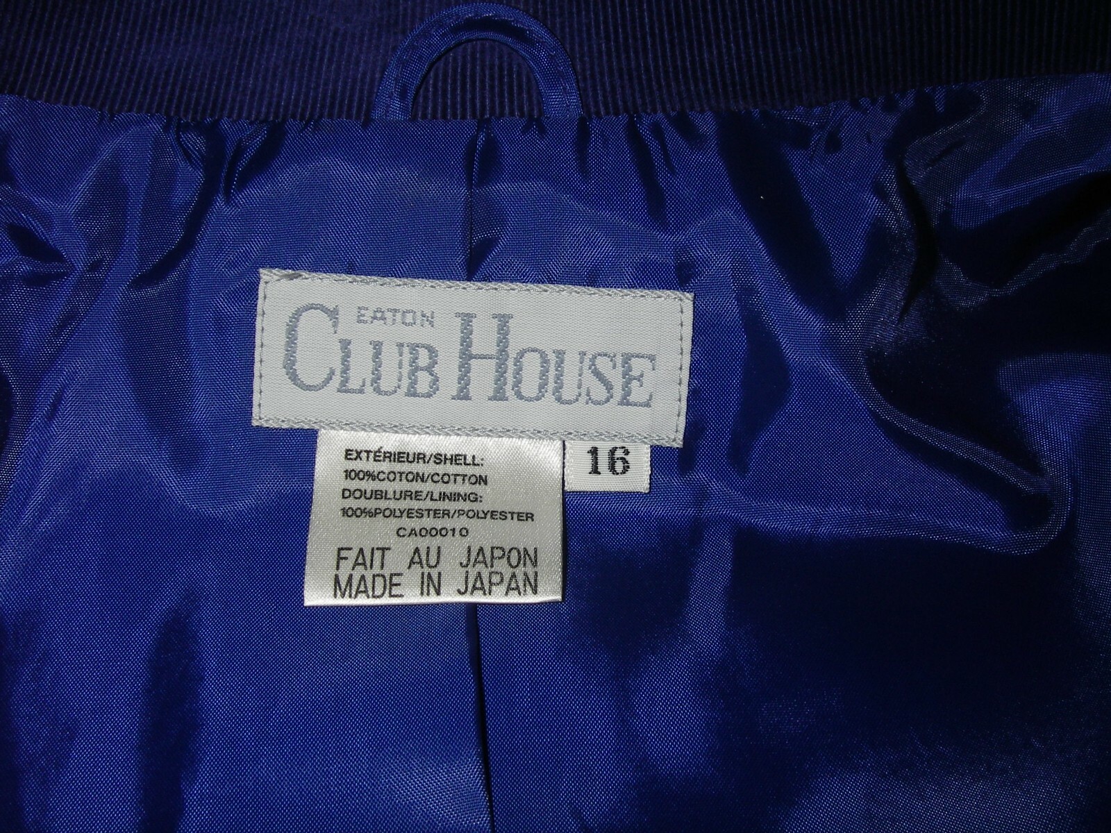 Vtg 90s Blazer Jacket Blue Corduroy Sz 16 Fully Lined 2-Button Eaton Club House