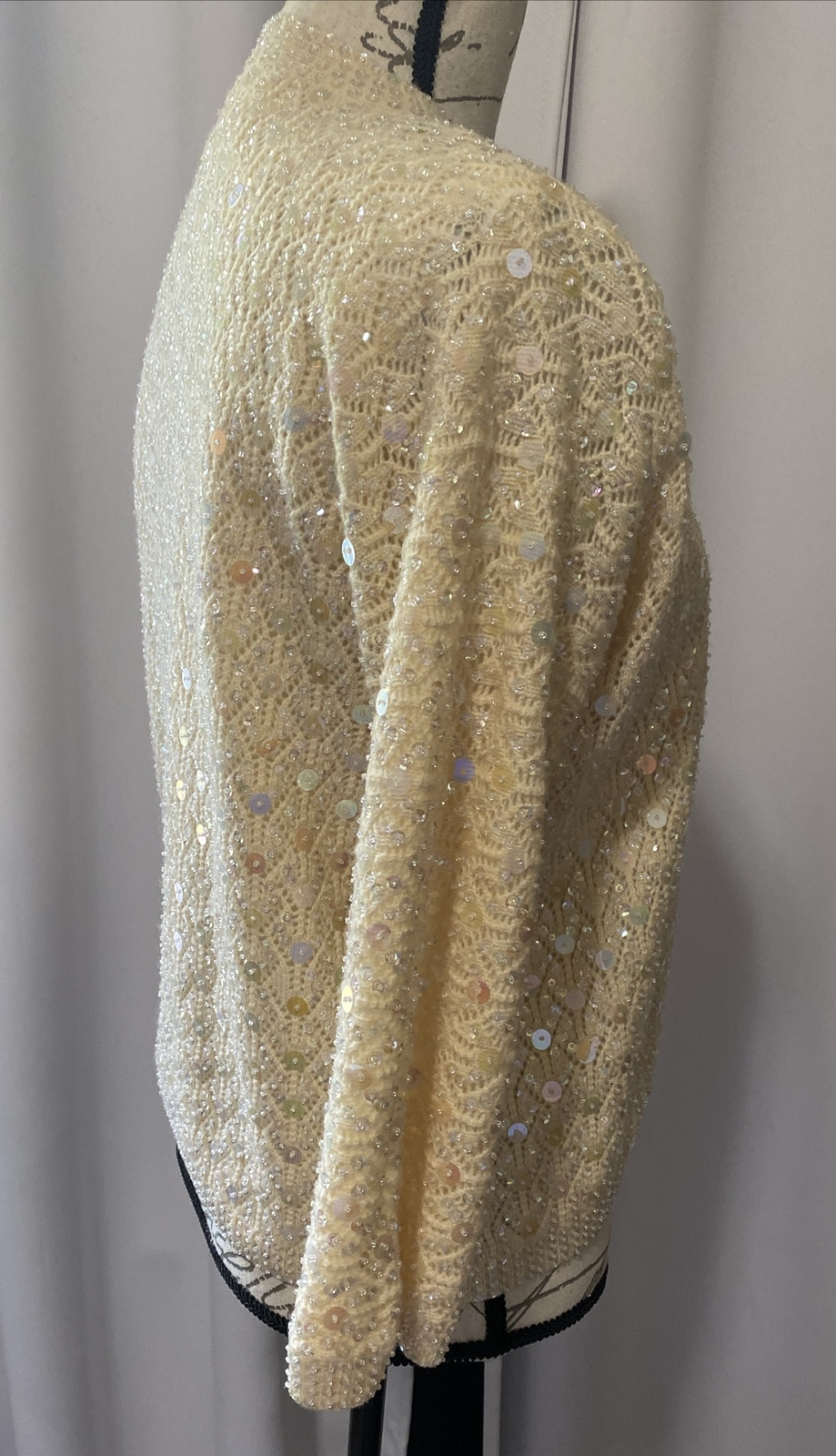 Vintage Jeri-Jo New York Sequin Cardigan Sweater Jacket 100% Wool Size 38 Ivory