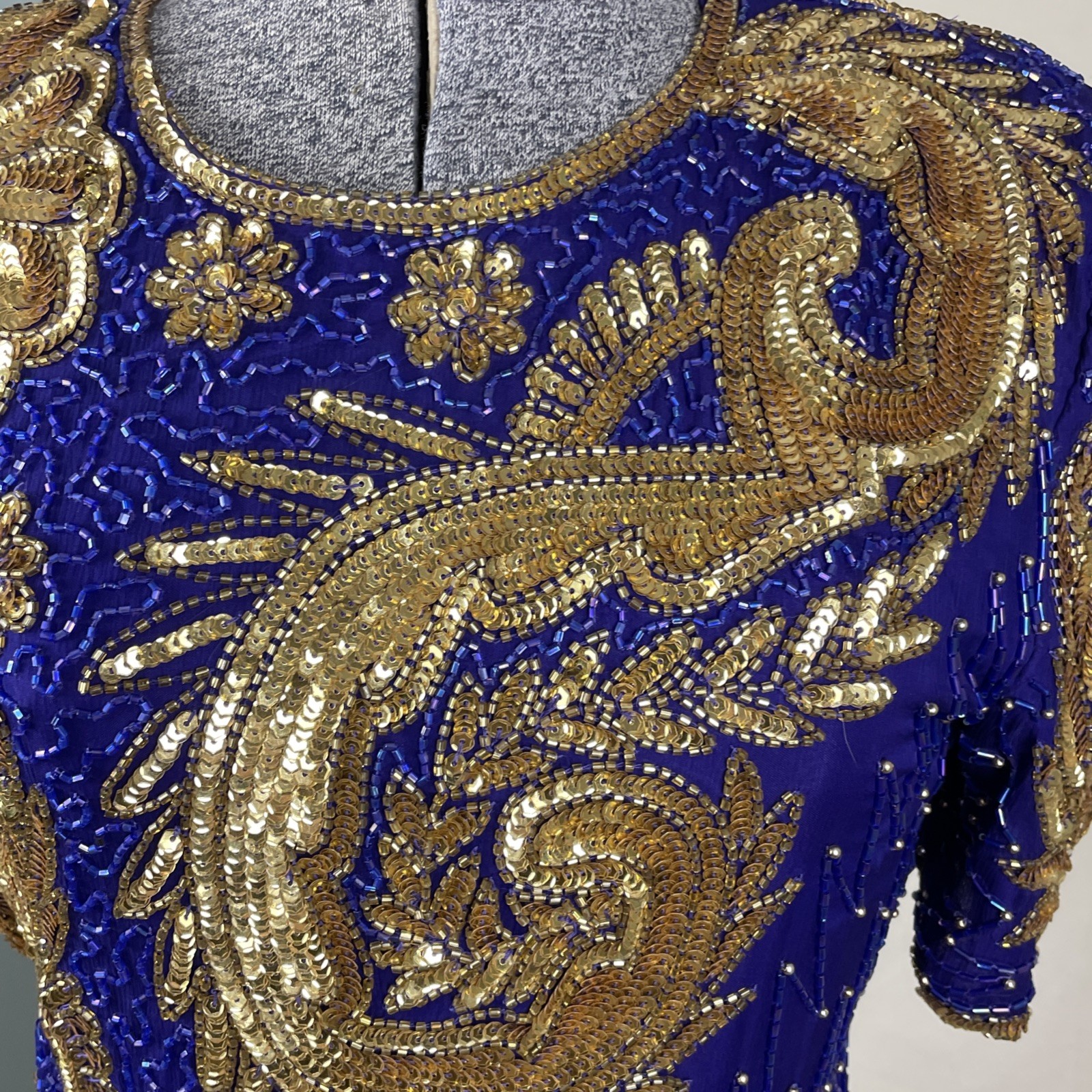 Vintage Lawrence Kazar Cocktail Dress Silk Beaded Sequins Size XS Purple Gold