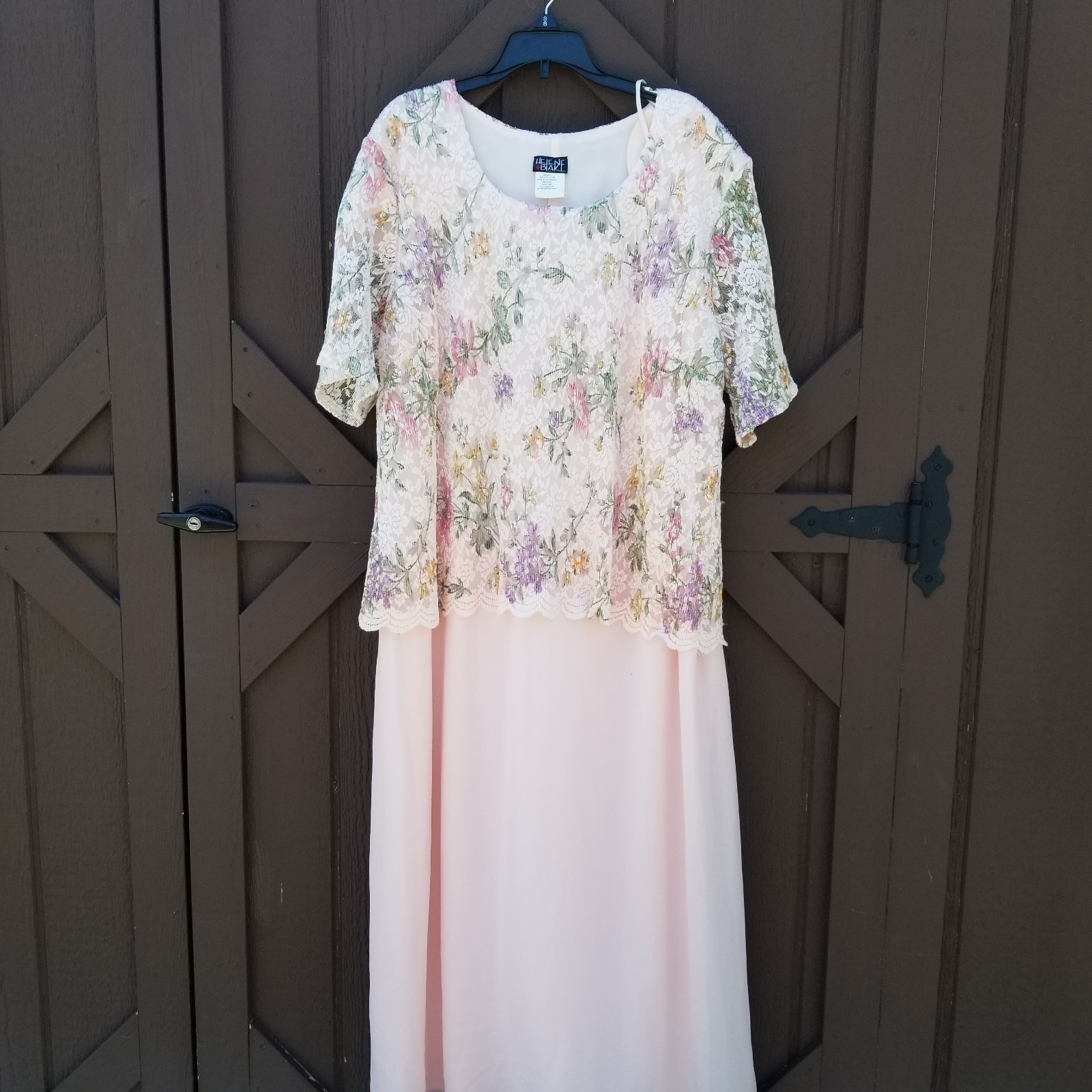Vtg 90s Helene Blake 20W Peach Blush Chiffon Dress Floral Lace Overlay Formal