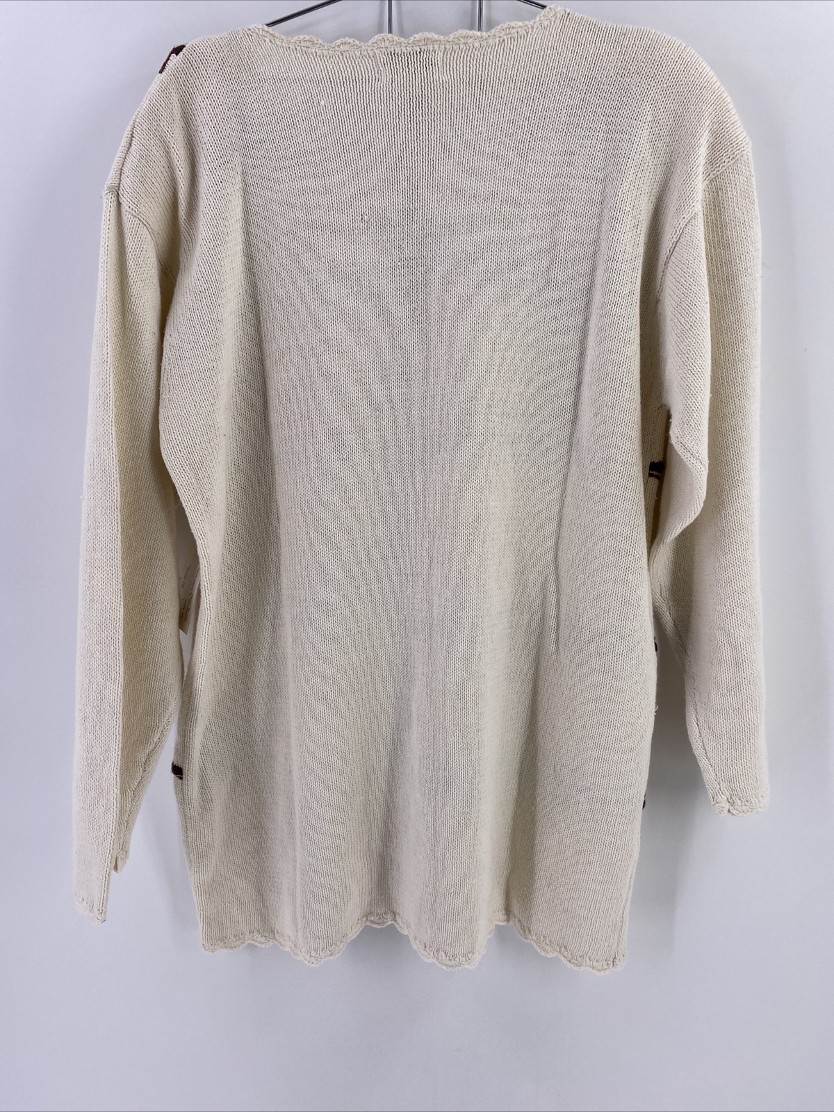 Vtg Cotton Collectables L Sweater Cream Embroidered Floral Vines Crochet Trim