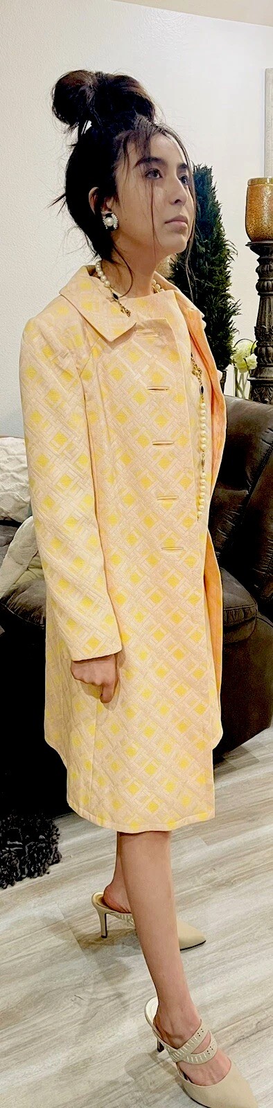1960’s Pink Yellow Brocade Easter Spring Wedding Union Made Dress Coat Suit Sz 8