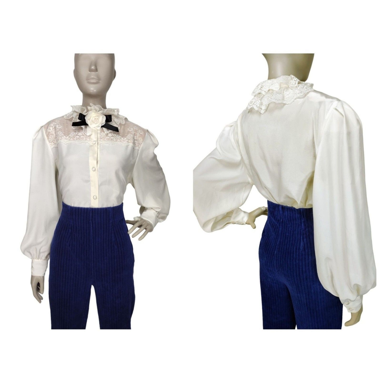 VTG Western Victorian Lace Ruffle Collar Yoke Puff Balloon Sleeve Prairie Blouse