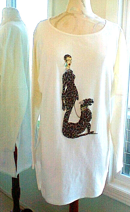 VTG Molto Fino Long Sleeve Cotton Tunic Top Beads Jewels Girl w/ Dog Sz M Plus