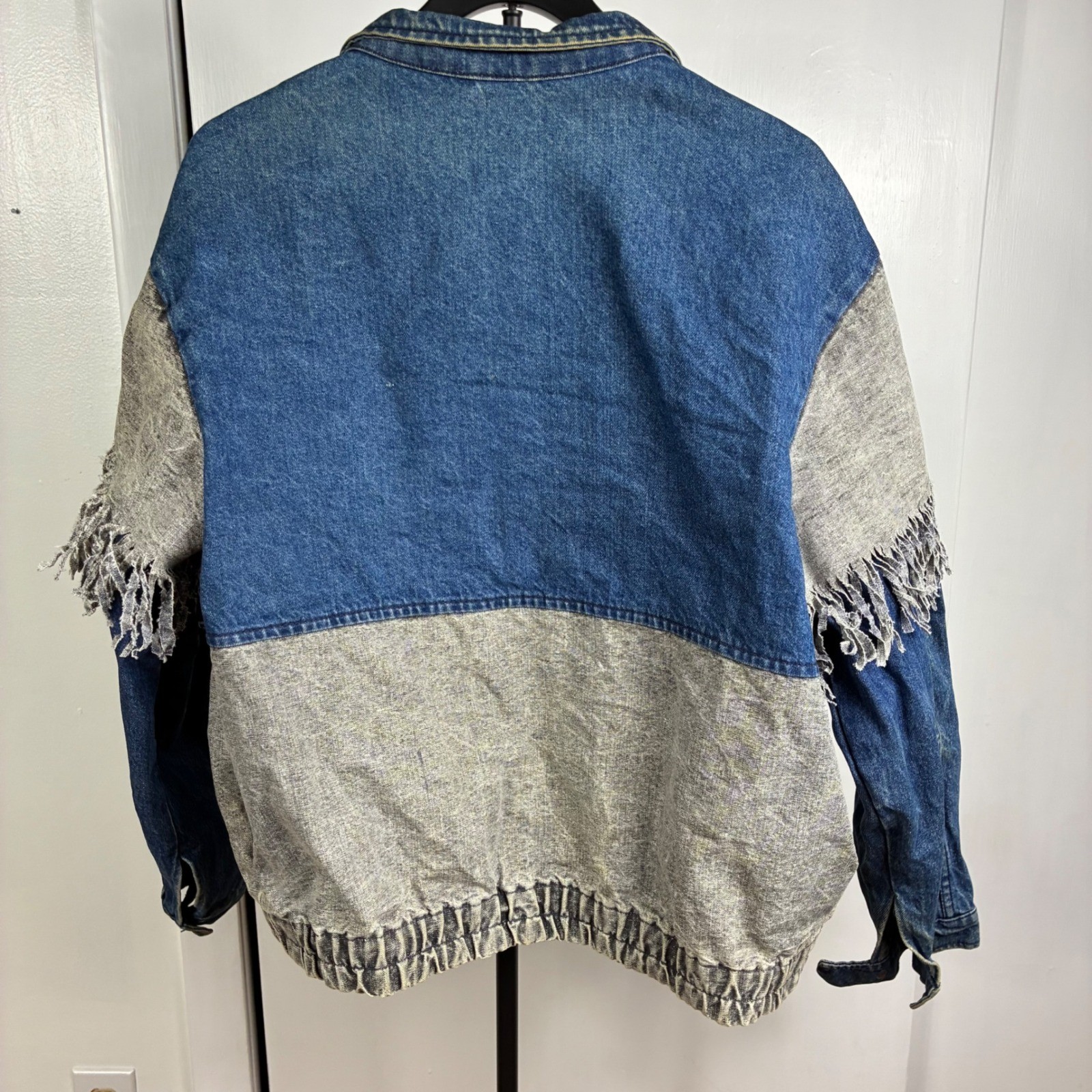 Vtg 80s GUESS by Georges Marciano Colorblock Fringe Denim Jacket AcidWash Bomber