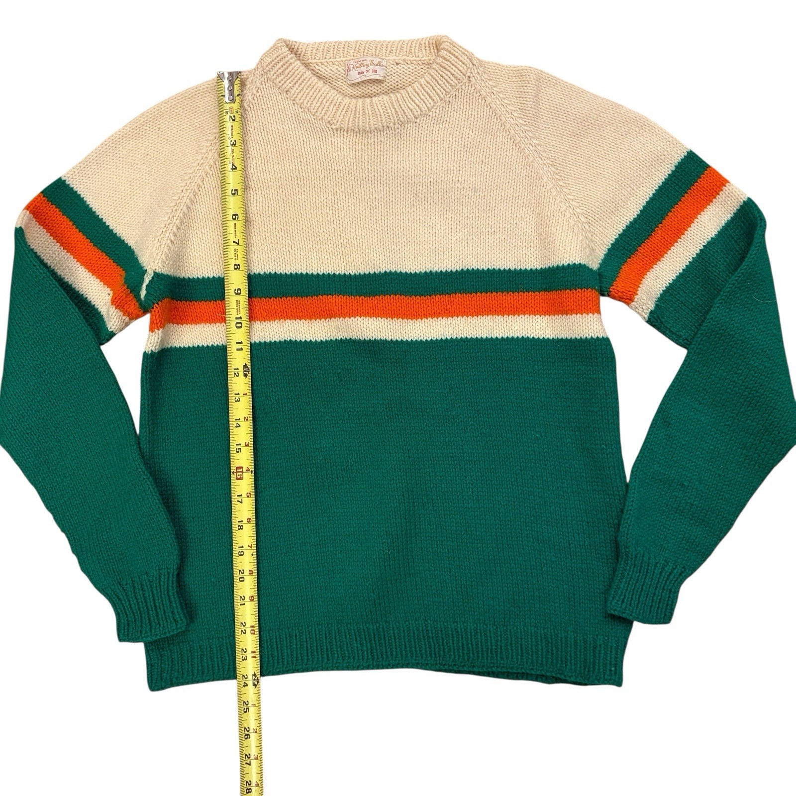Hand Knit Pullover Sweater Jumper Handmade Bold Stripe Green Size M VTG 90’s Y2K
