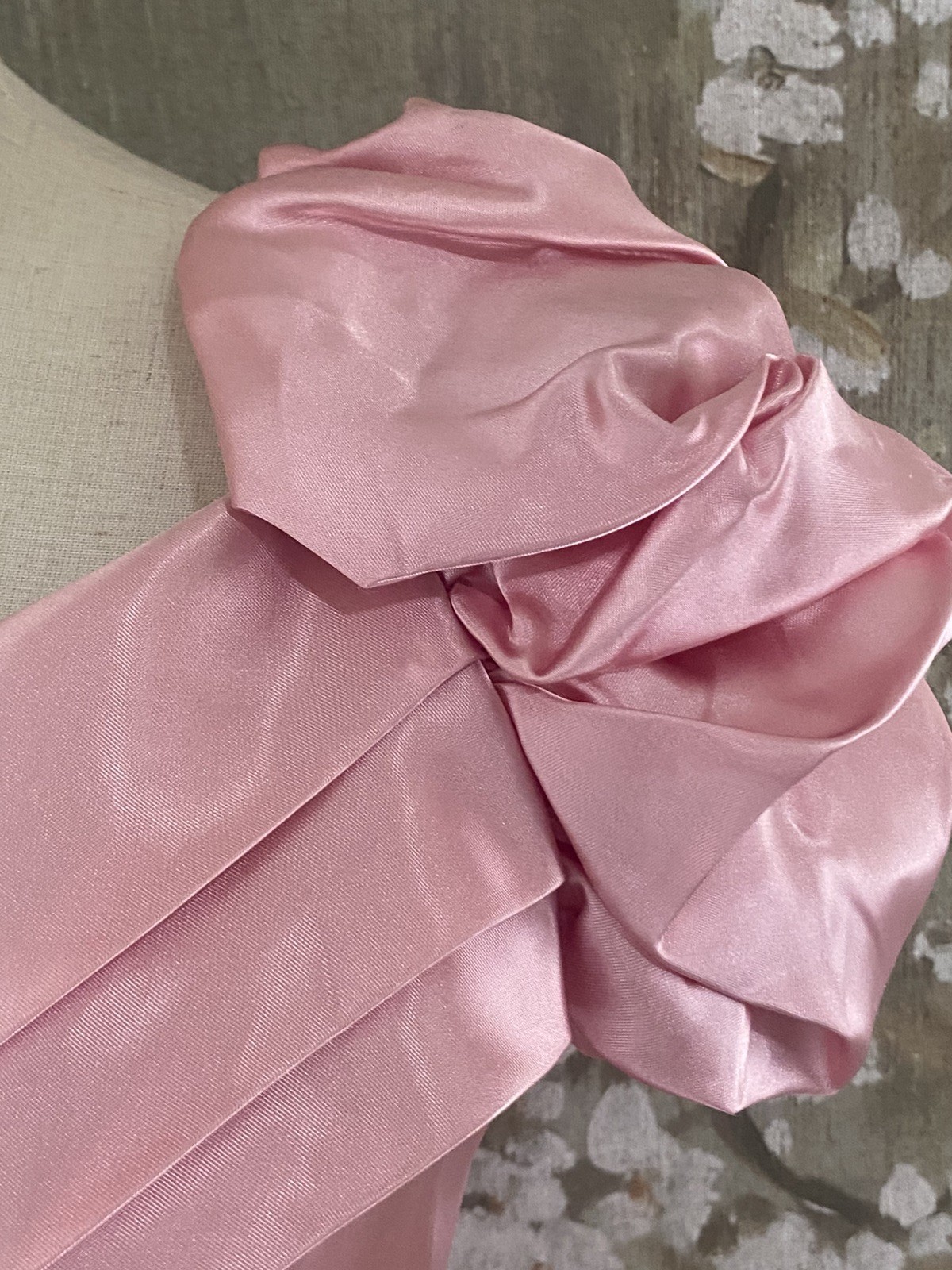 VTG 70’s Pink Satin Union Made Coquette Back Cascade Prom Bridesmaid Dress S