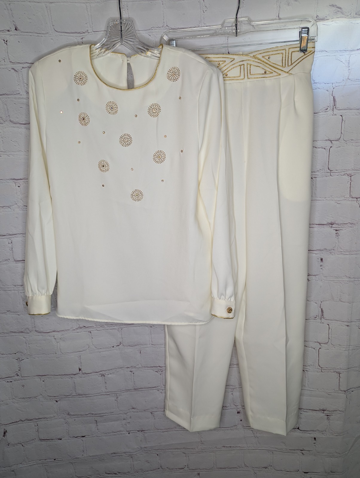Vintage Pierre Lamonte Ivory With Gold Bead/Embroidery Blouse and Pants Set 8