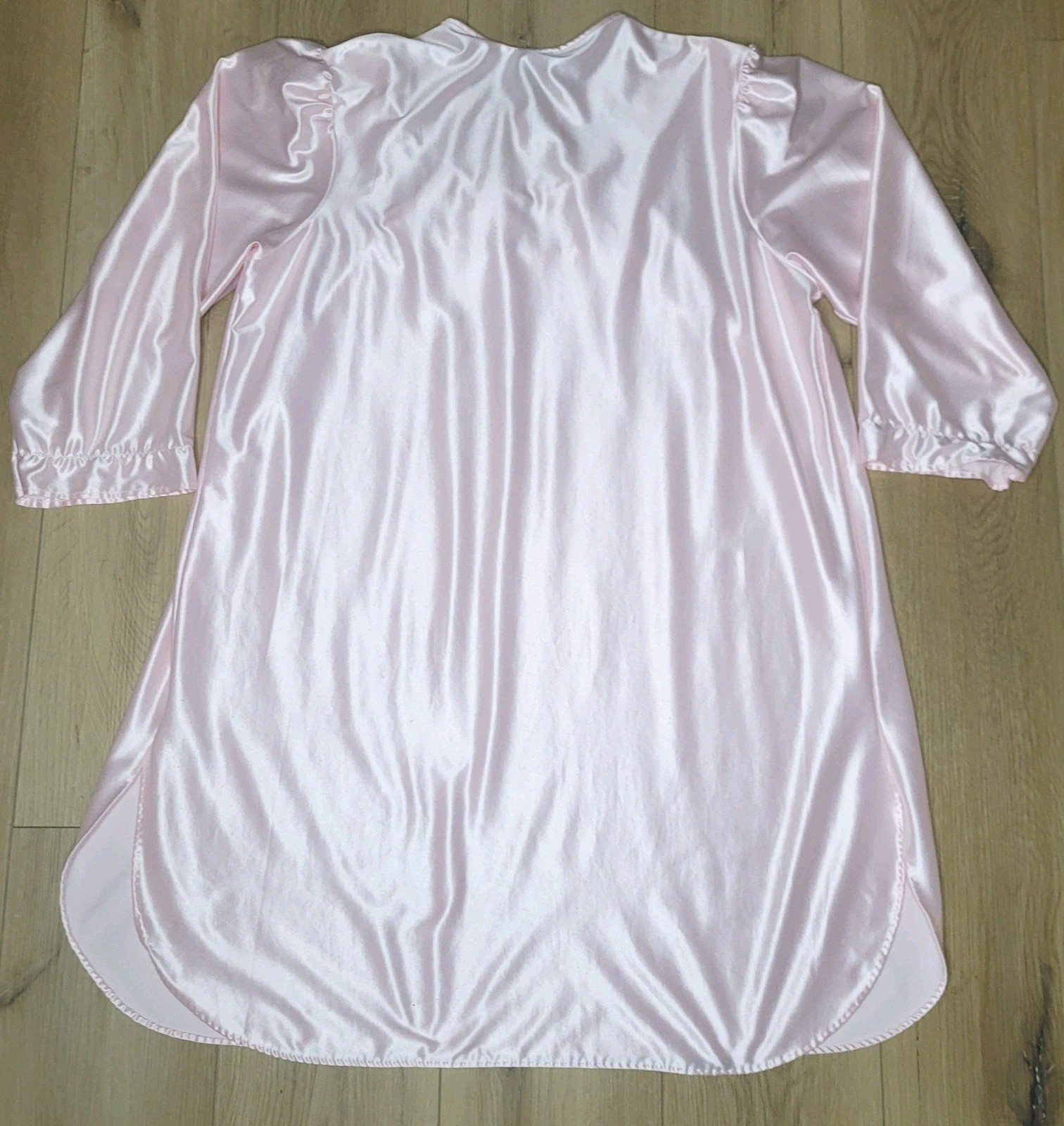Vtg Stardust USA Pink Satin Brushed Lining Ruffled Lace LS Nightgown LG ●READ