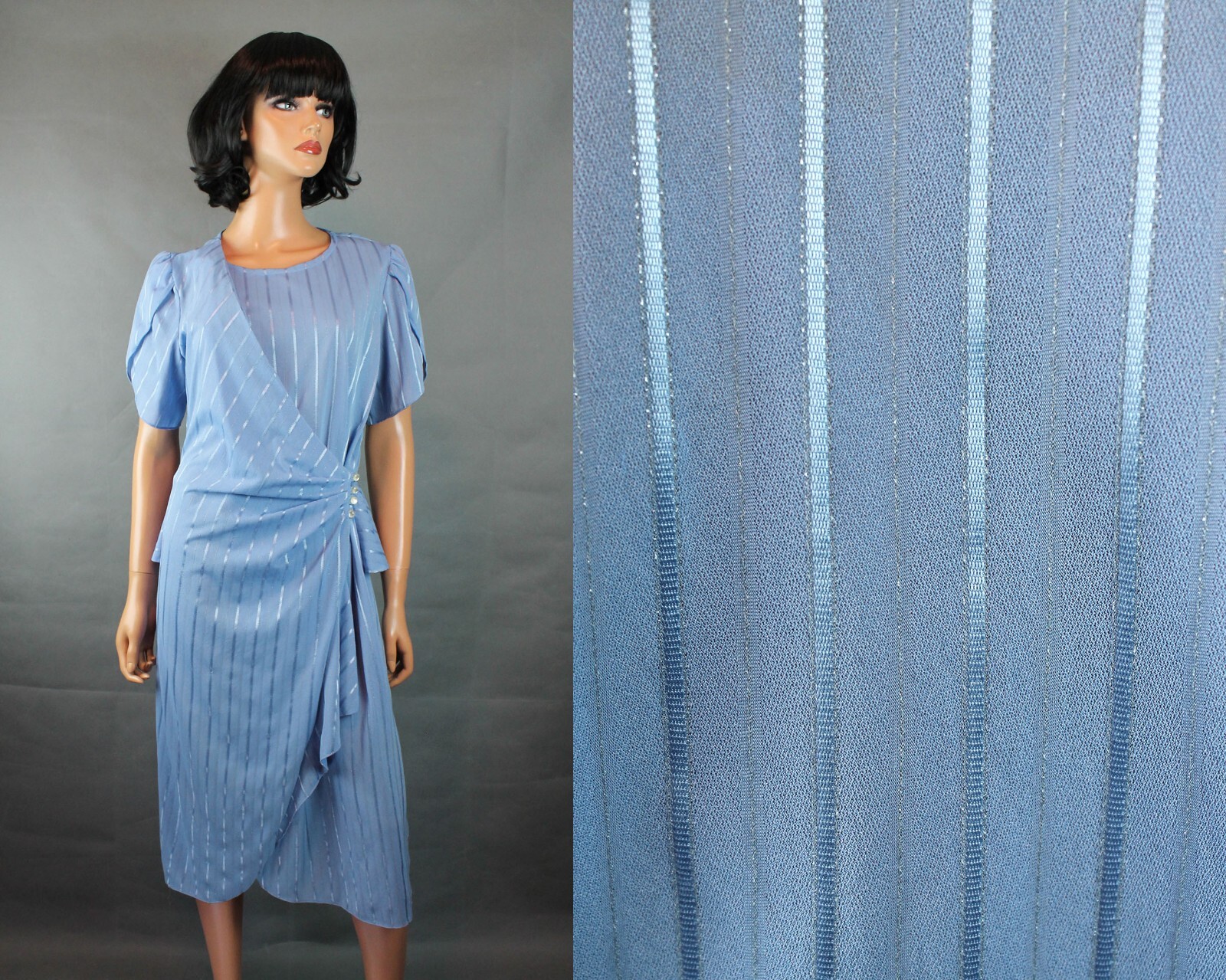 Vintage Wrap Dress Sz M 80s Light Blue Metallic Silver Shiny Striped Secretary