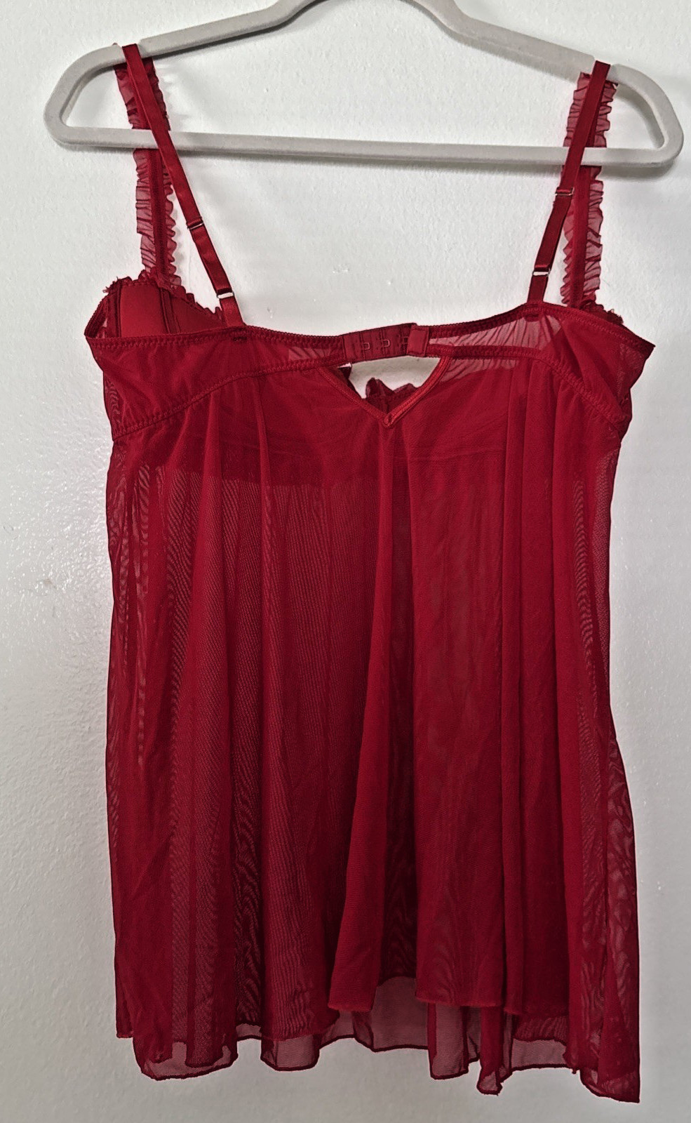 Vtg Fredericks of Hollywood L BabyDoll Slip Sheer Red Lace Coquette Burlesque