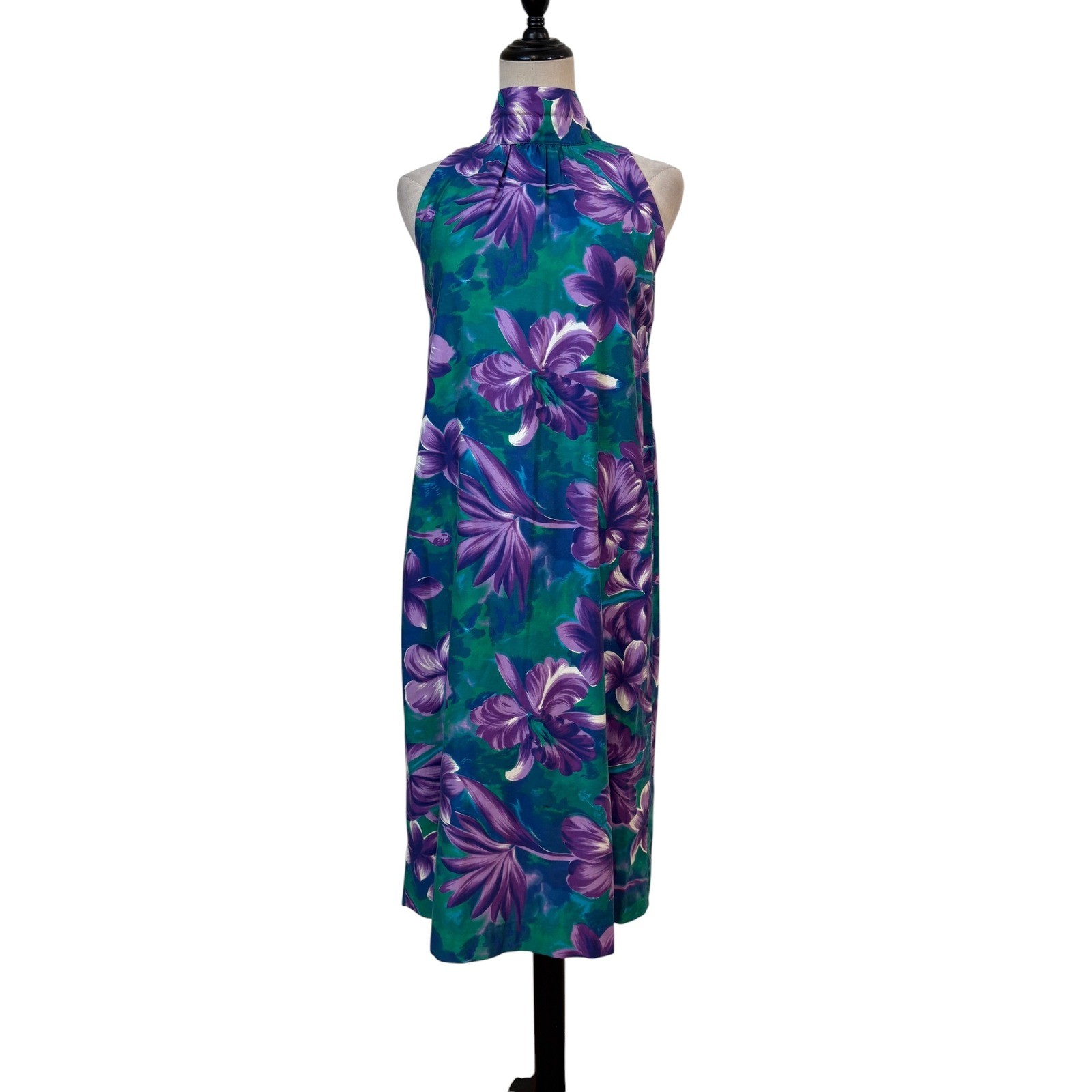 Vtg 60s 70s Fashions of Hawaii Dress Women sz s/m Teal Purple Floral Bow resort