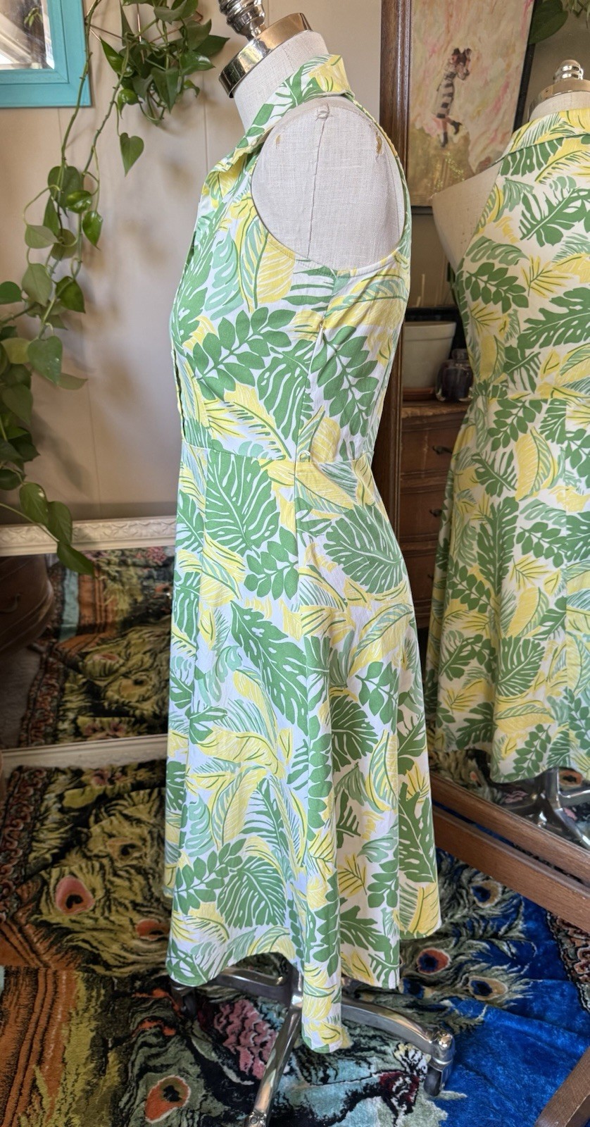 Vintage 1990s Women’s DBY Yellow & Green Leaves Fit & Flare Dress Size 7/8
