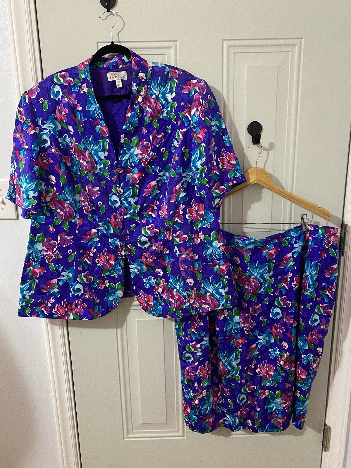Adriana Papell Size 22 Skirt Set 100% Silk Vintage Floral Blue Purple Pink