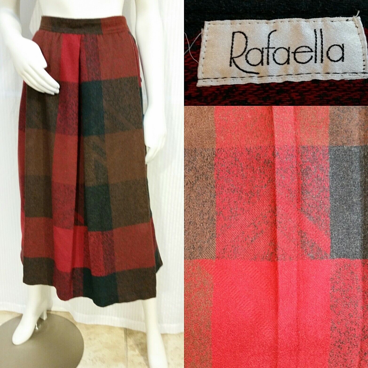 Vintage RAFAELLA PLEATED PLAID SIDE BUTTON SKIRT – Red Brown – Waist 28 in.