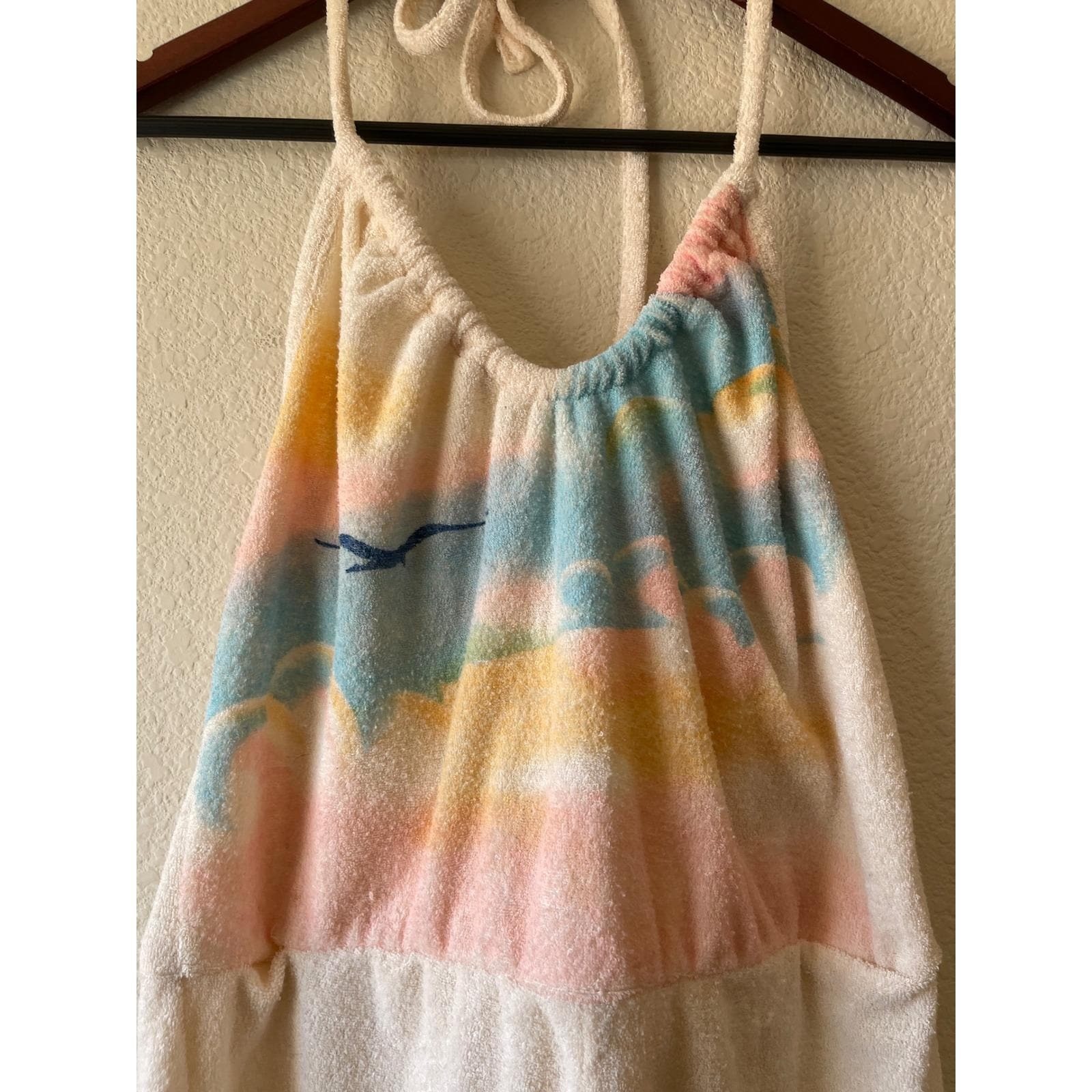 Vintage Terry Cloth 70s Halter Romper Pastel Sunset Seascape Beach small