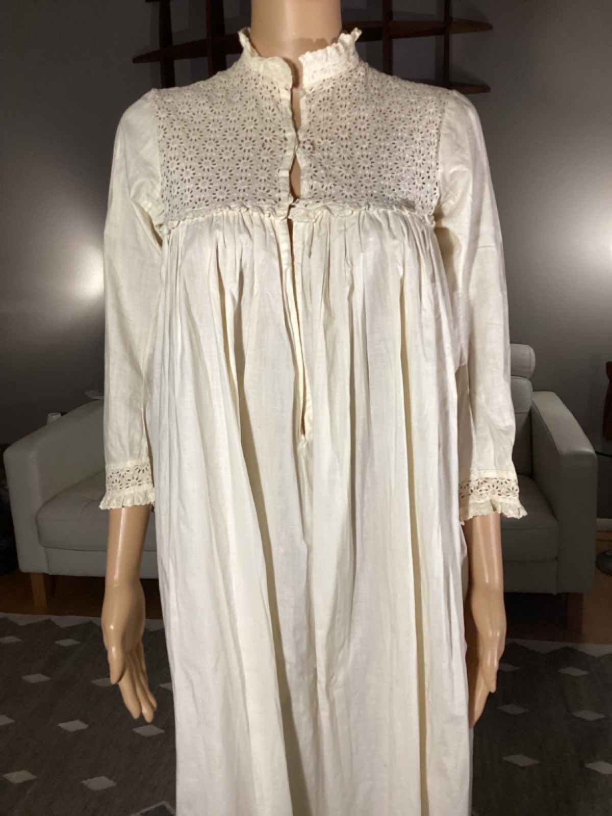 Antique Victorian Edwardian Cotton Eyelet Lace Long Nightgown Glass Buttons