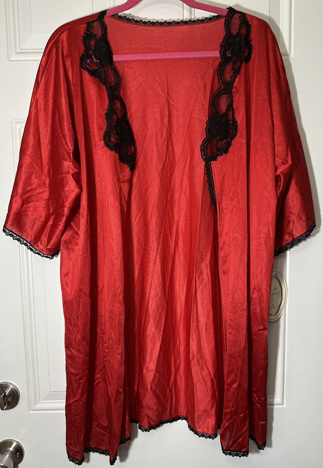 VTG Private Treasure AVON Night Gown & Robe Red Black Silky Lace Lingerie Size M