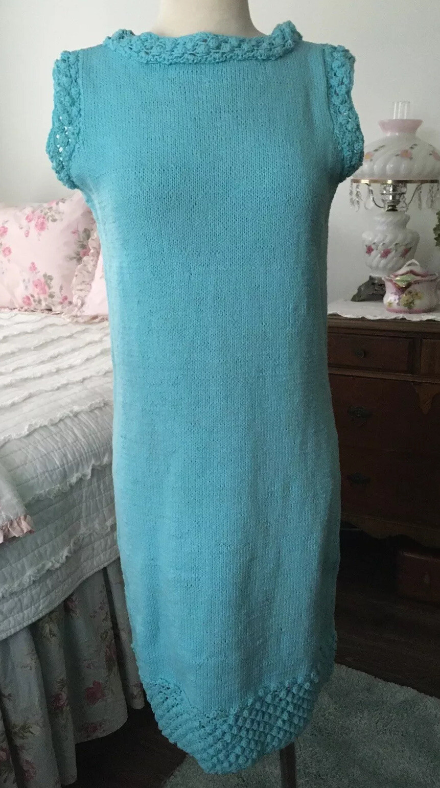 VTG 1960s Pastel AQUA Bubble HANDKNIT Dress Pin Up MOD Sleeveless
