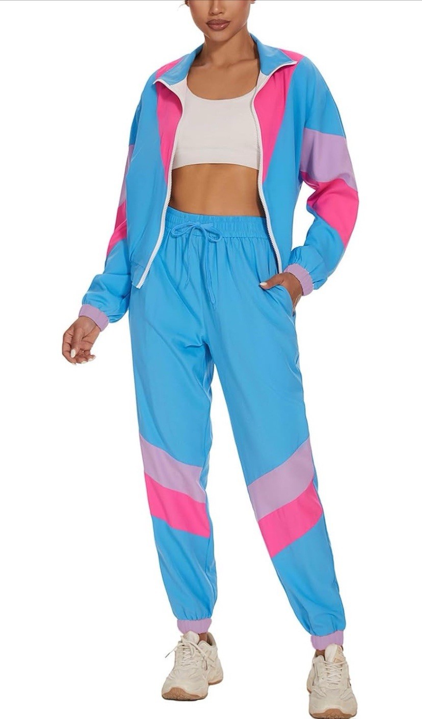Women’s Color Block 2 Piece 80s 90s Outfits Long Sleeve Windbreaker Jacket -Set