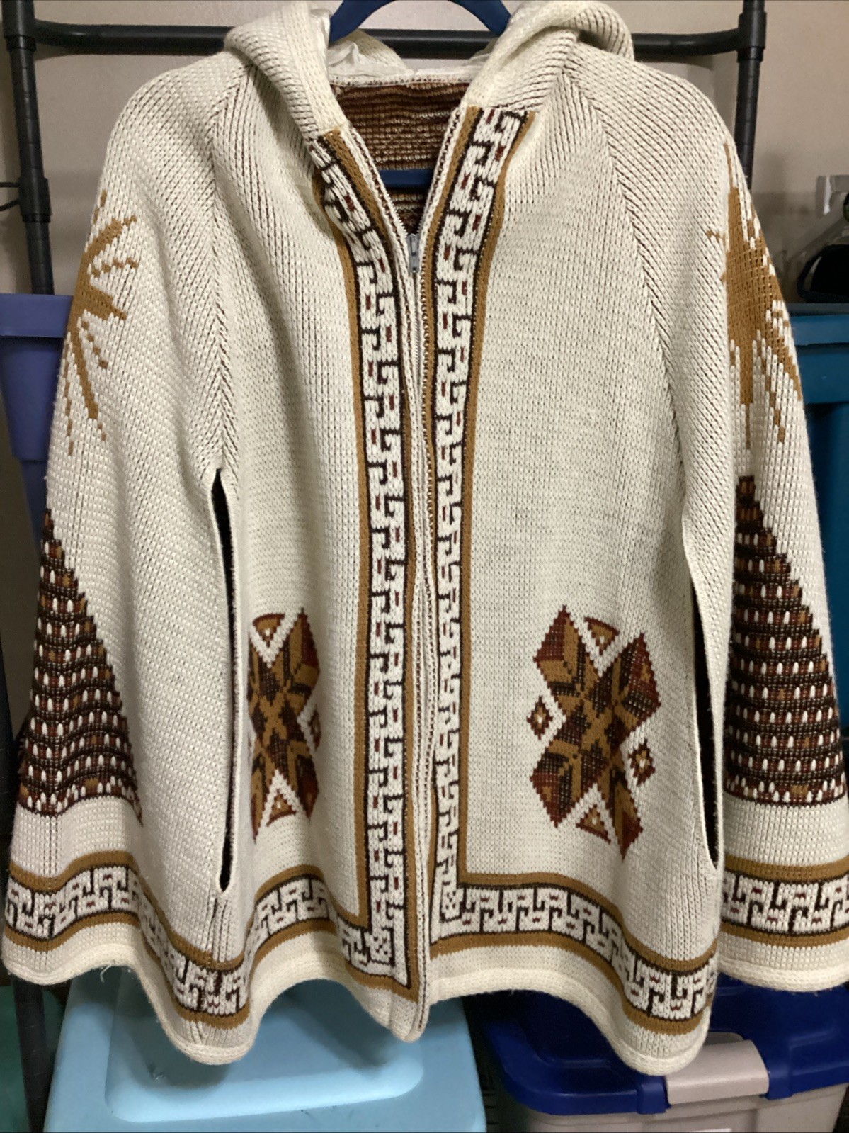 Vintage 1970s Sturbridge Hooded Knit Poncho, Aztec Style Print, Zipper Closure