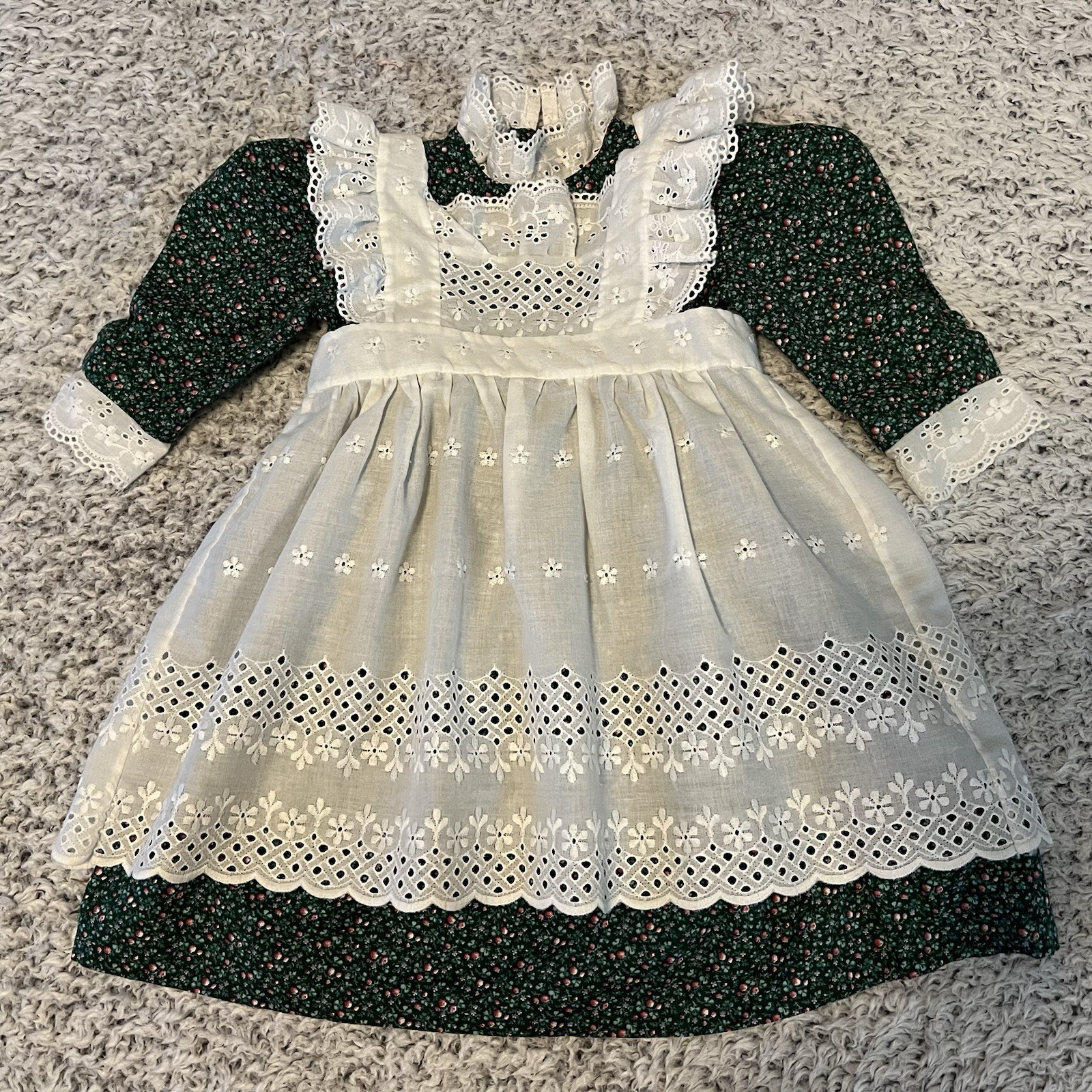Girl’s Handmade Floral Ruffle Eyelet Pinafore Dress Vintage Cottagecore Size 2/3