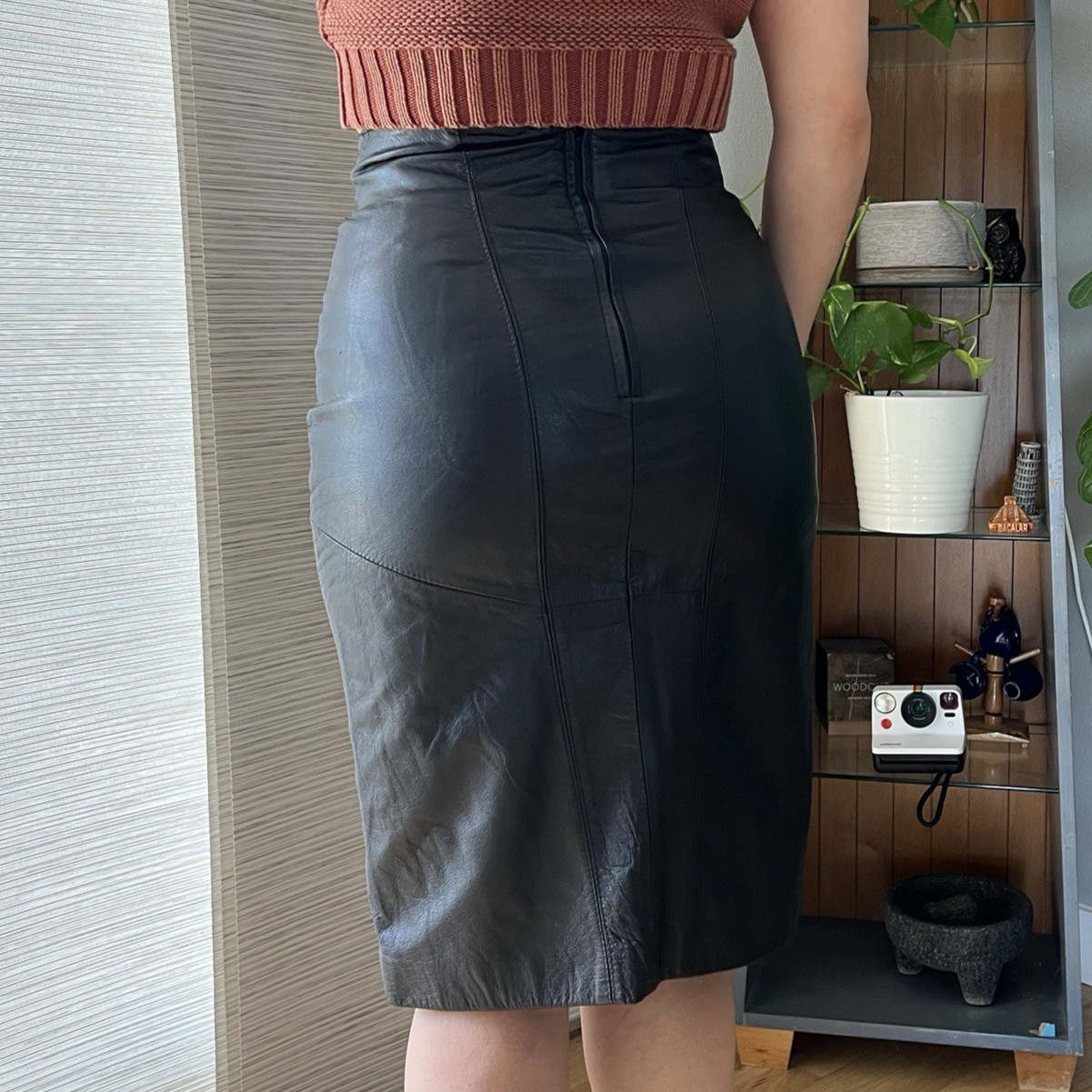 Vintage Pelle Cuir Black Genuine Leather Pencil Skirt High Waist Size 10 Midi
