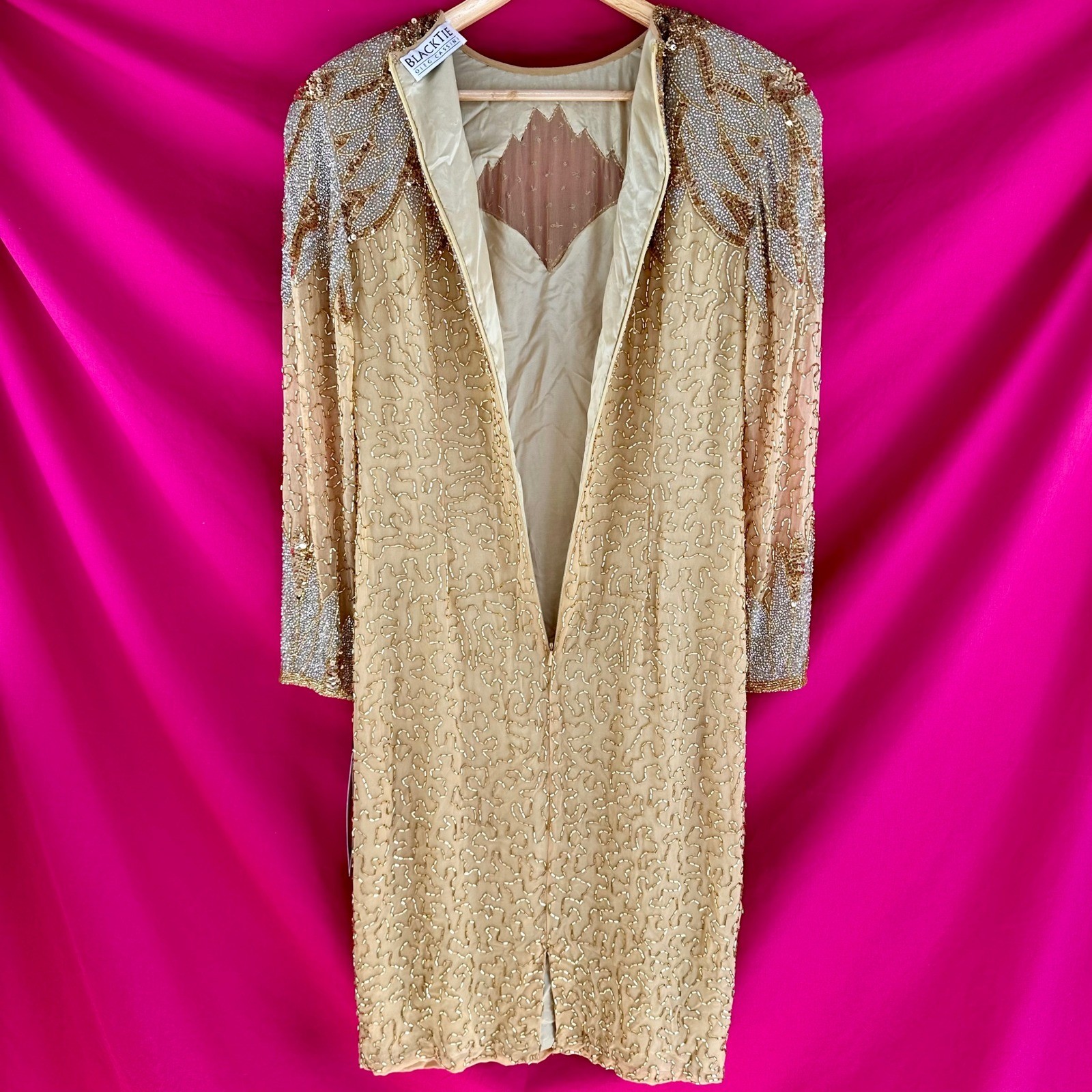 NWT Beaded Sequin Rhinestone Silk Gold Party Midi Dress Oleg Cassini Size 6 NYE