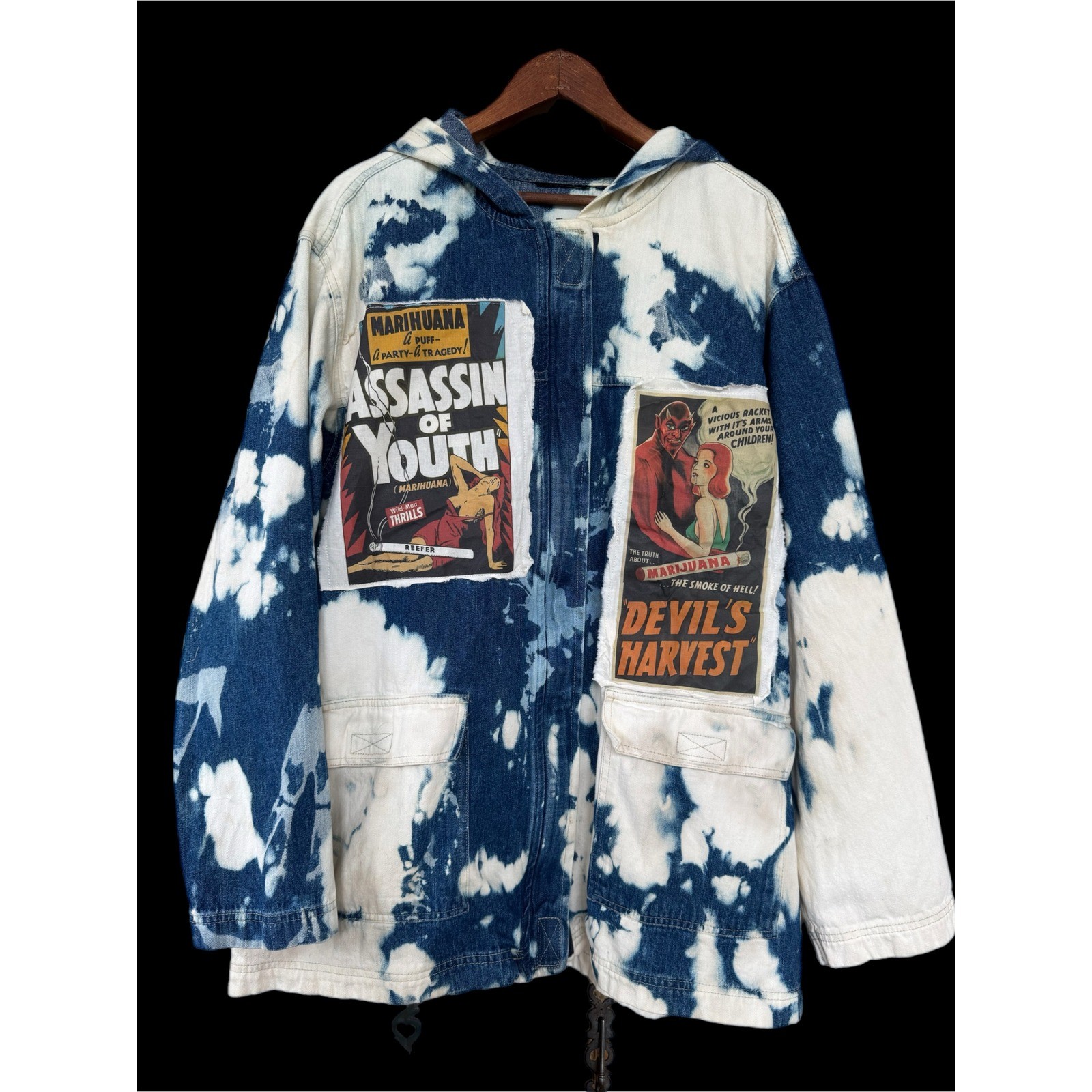 Vintage Marijuana Propaganda Hooded Denim Utility Coat XL XXL Oversized