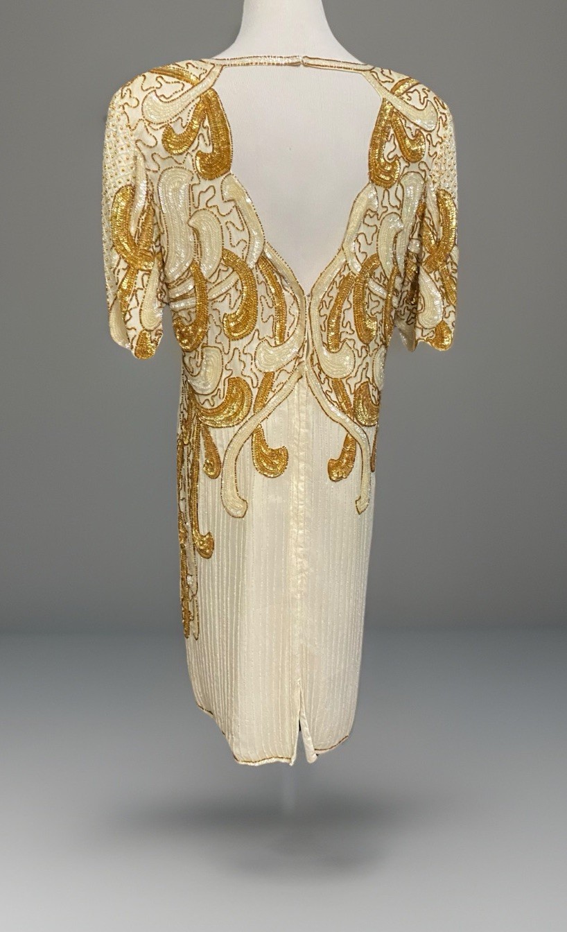 Vintage 1980s does 1920s Dress Flapper Style Heavily Beaded Silk Ivory Gold