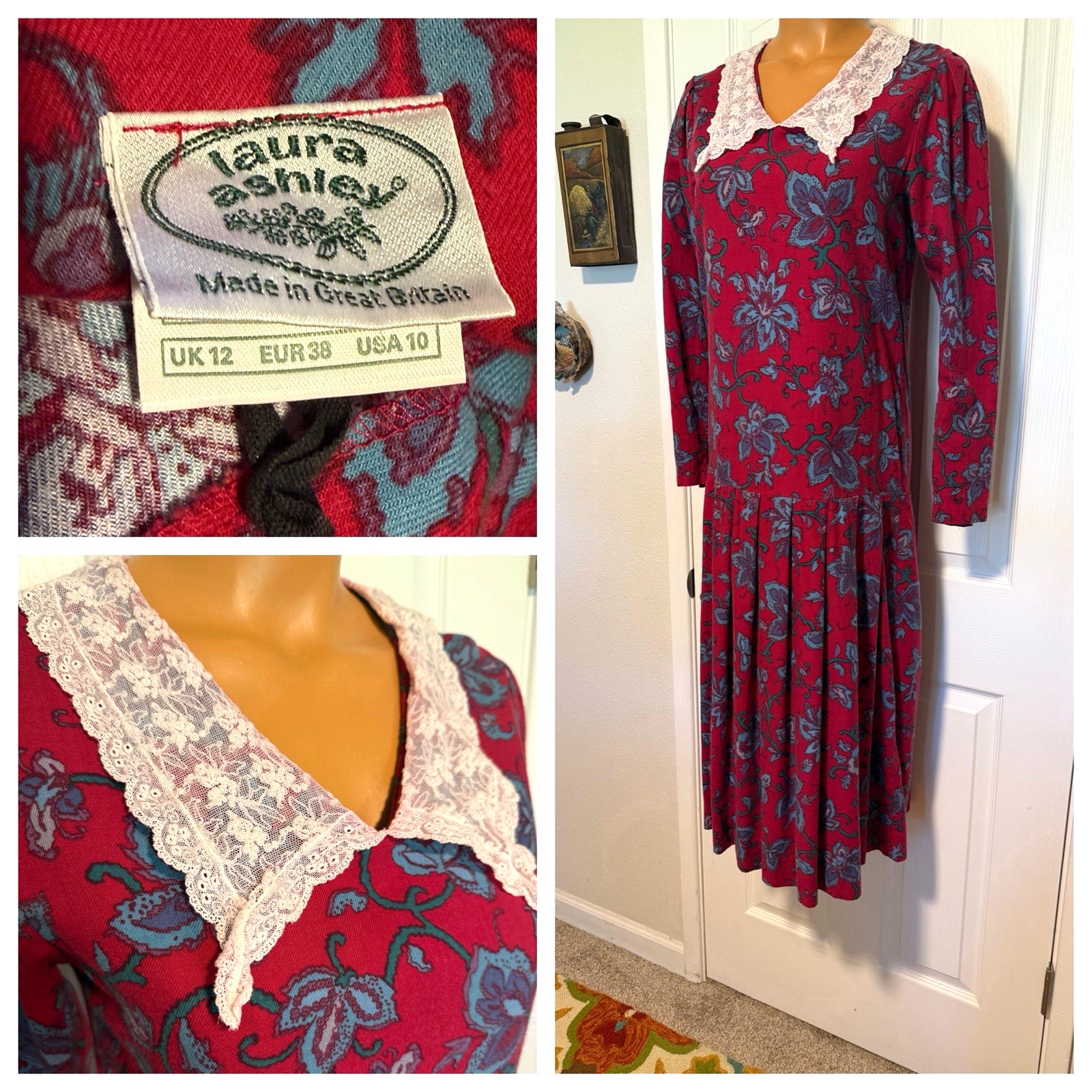 VTG 80’s LAURA ASHLEY DEEP PINK FLORAL W/ LACE COLLAR DROP WAIST DRESS SZ 10