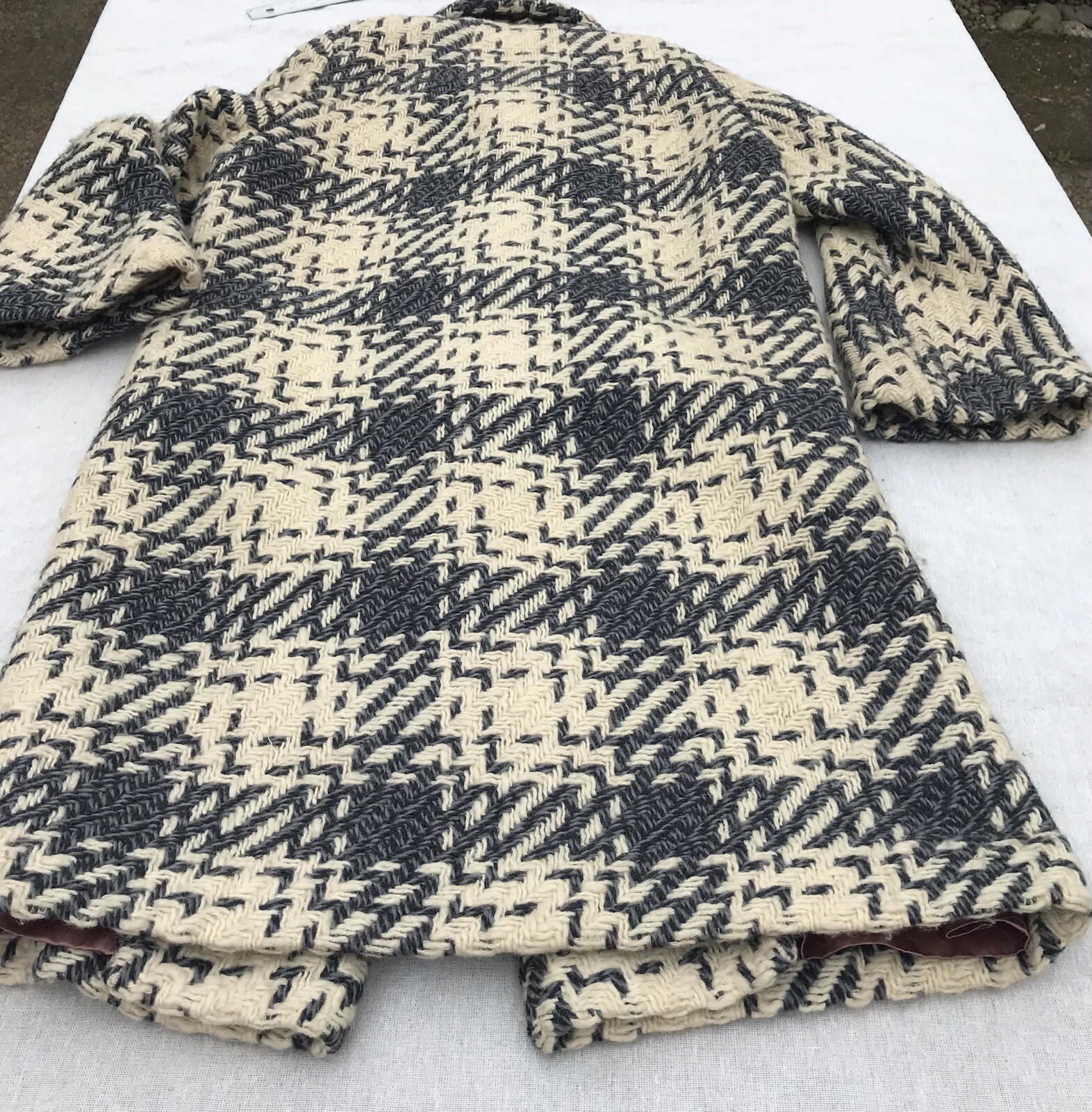 Vtg 50s 60s Woven Wool Women’s Coat Geo Southwestern M L Grey Tan Mod Retro USA
