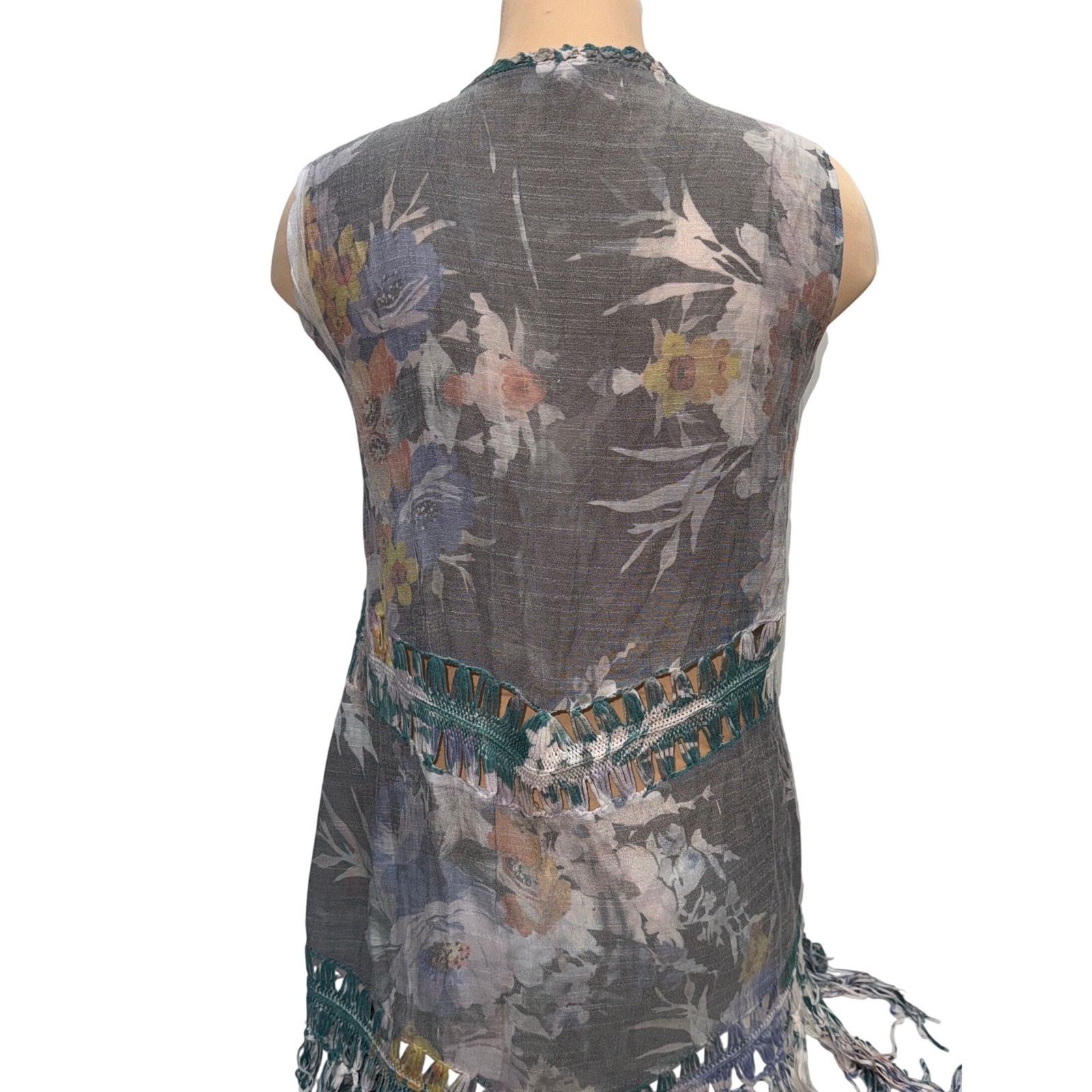 Lapis Floral Fringe Vest Womens Medium Blue Crochet Boho Festival Layering Swim