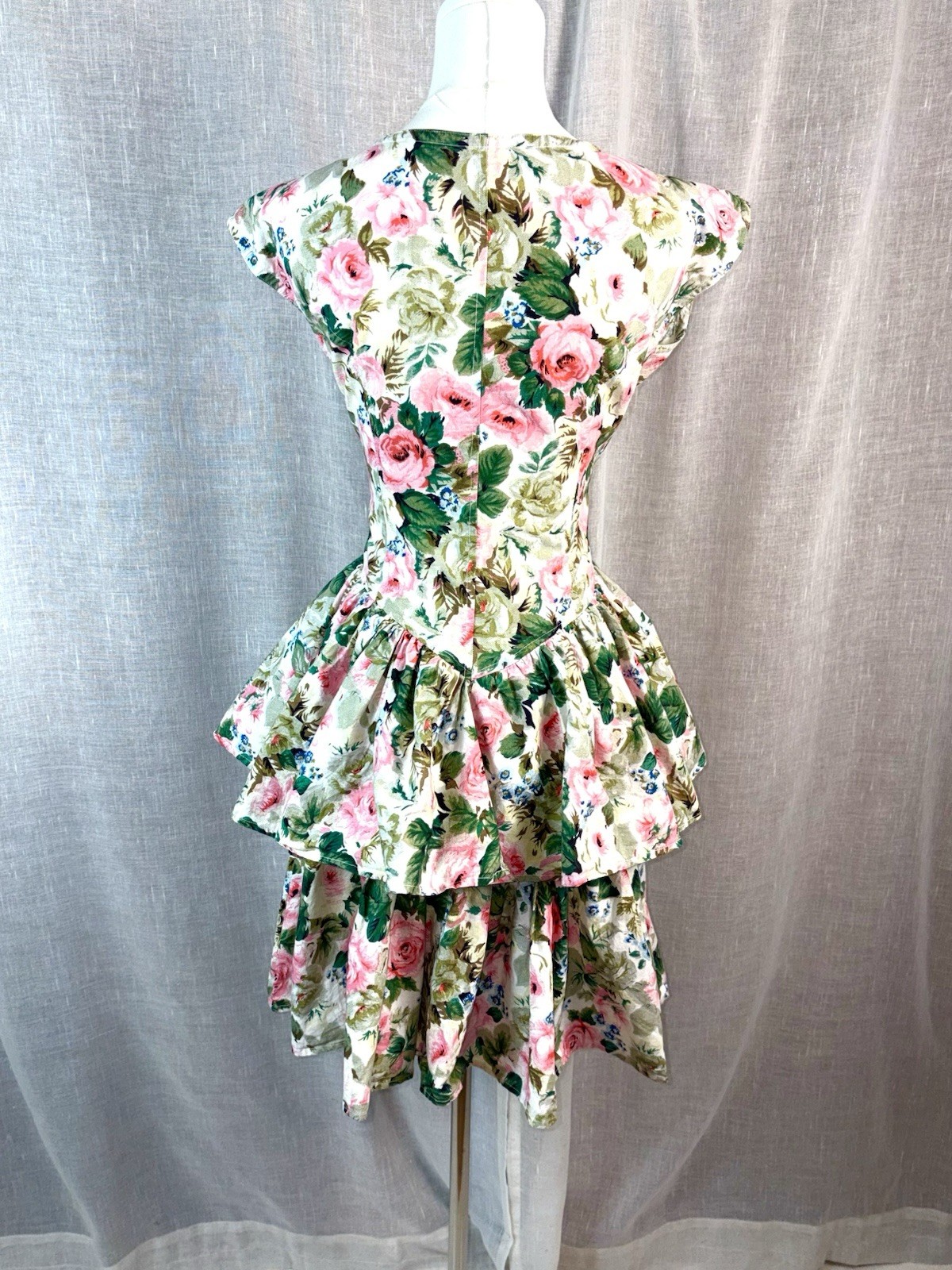 Vintage 80s Cotton Tiered Dress Rose Floral Coquette Fairy Cottagecore Sz Large