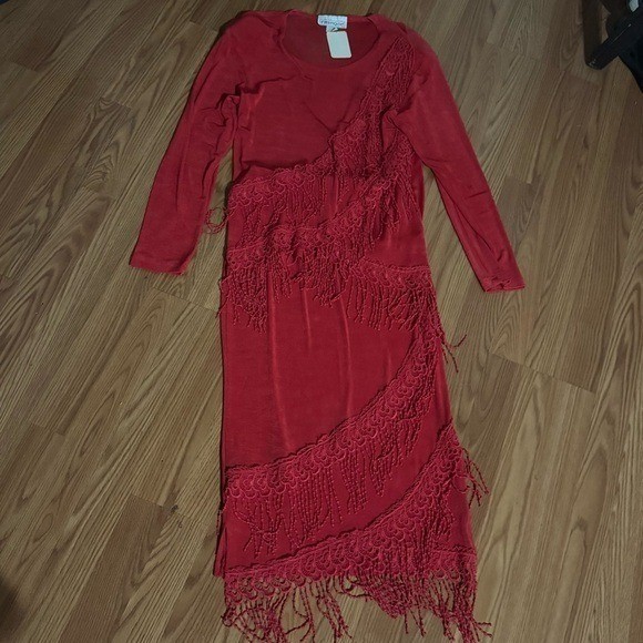 VTG Women’s 80’s Fashique Red Fringe Skirt Set Retro Made in USA Flapper Retro