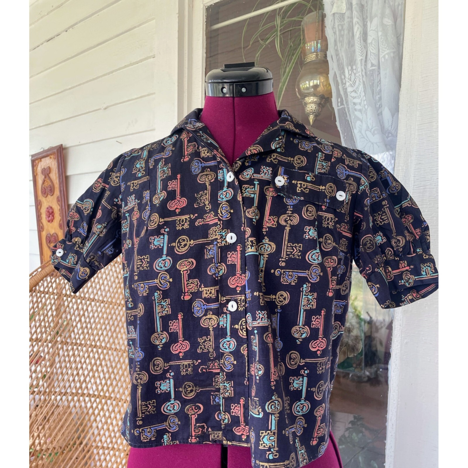 Vintage 1960s Skeleton Key Print Blouse With Puff Sleeves Black Grosgrain Size S