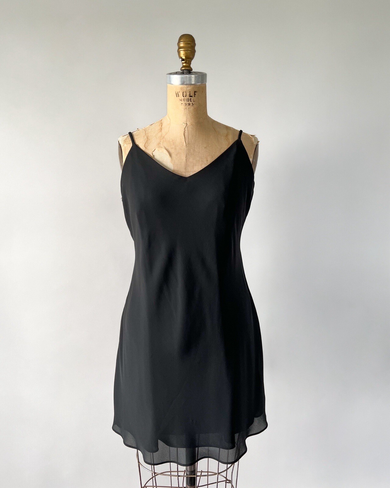 Vintage 1990s Black Chiffon Lace Babydoll Mini Slip Dress Sheer Overlay Sz M
