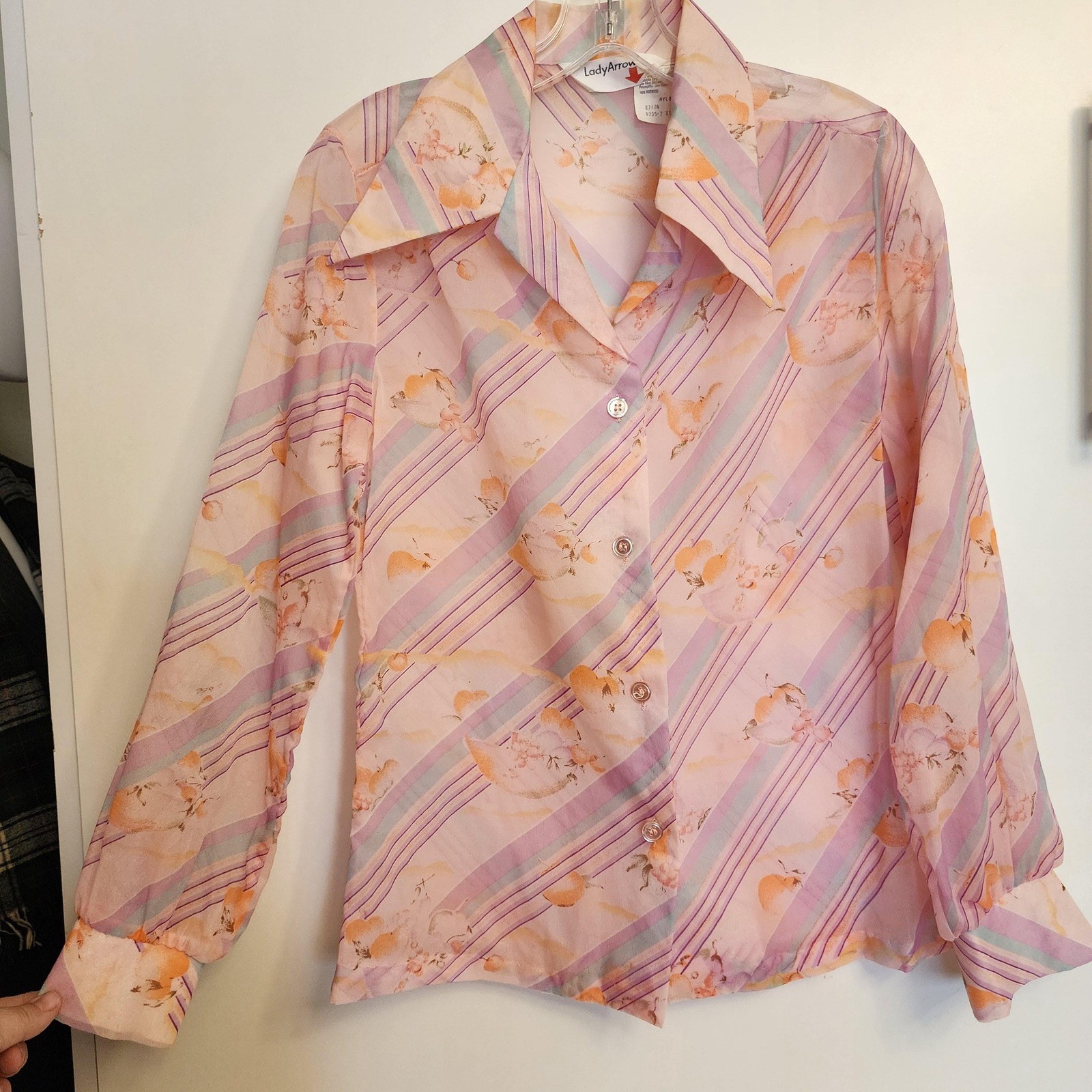 Lady Arrow Vintage 70s Sheer Pink Floral Striped Collared Blouse Small