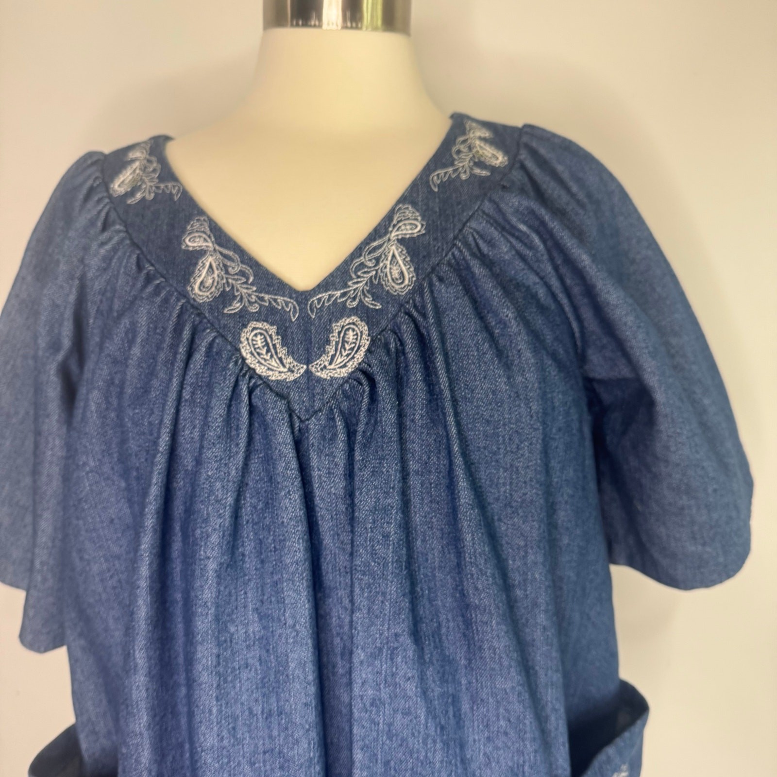 VTG Handmade Cotton Denim Caftan Smock Mumu House Dress Size Small