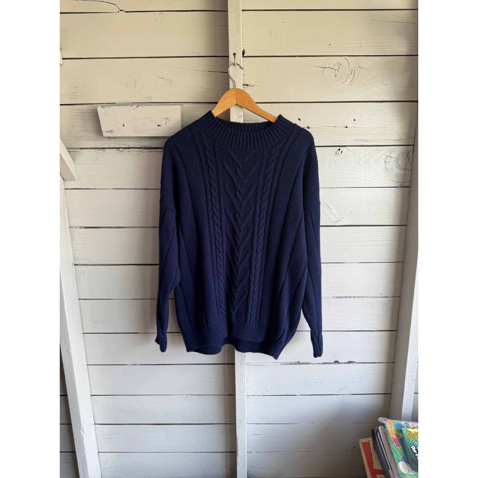 Vintage Mademoiselle Knitwear Navy Blue Cable Knit Sweater Made in USA XL