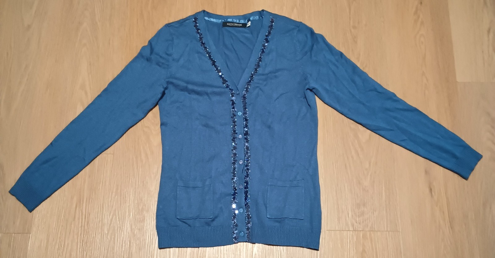 Vtg 80s YOUR SIXTH SENSE Stretch Viscose Cornflower Blue Cardigan Sweater S