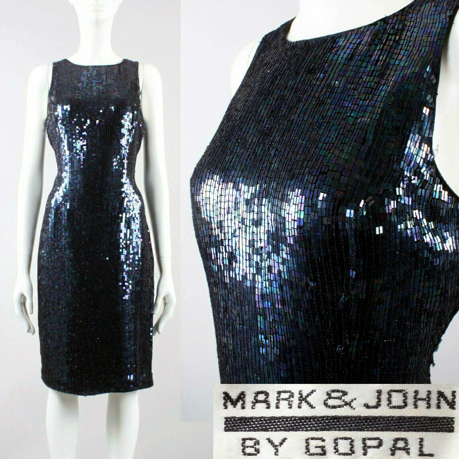 M/L Vintage 90s Mark John Gopal SILK Oil Slick Sequin Party Cocktail Mini Dress