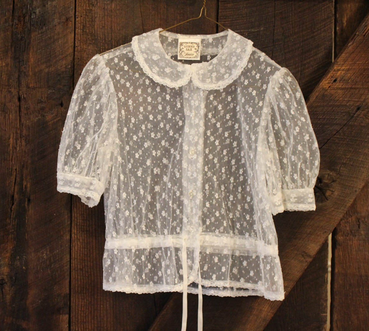Vintage White Blouse Gunne Sax by Jessica Lace Design See Through Floral 1970s