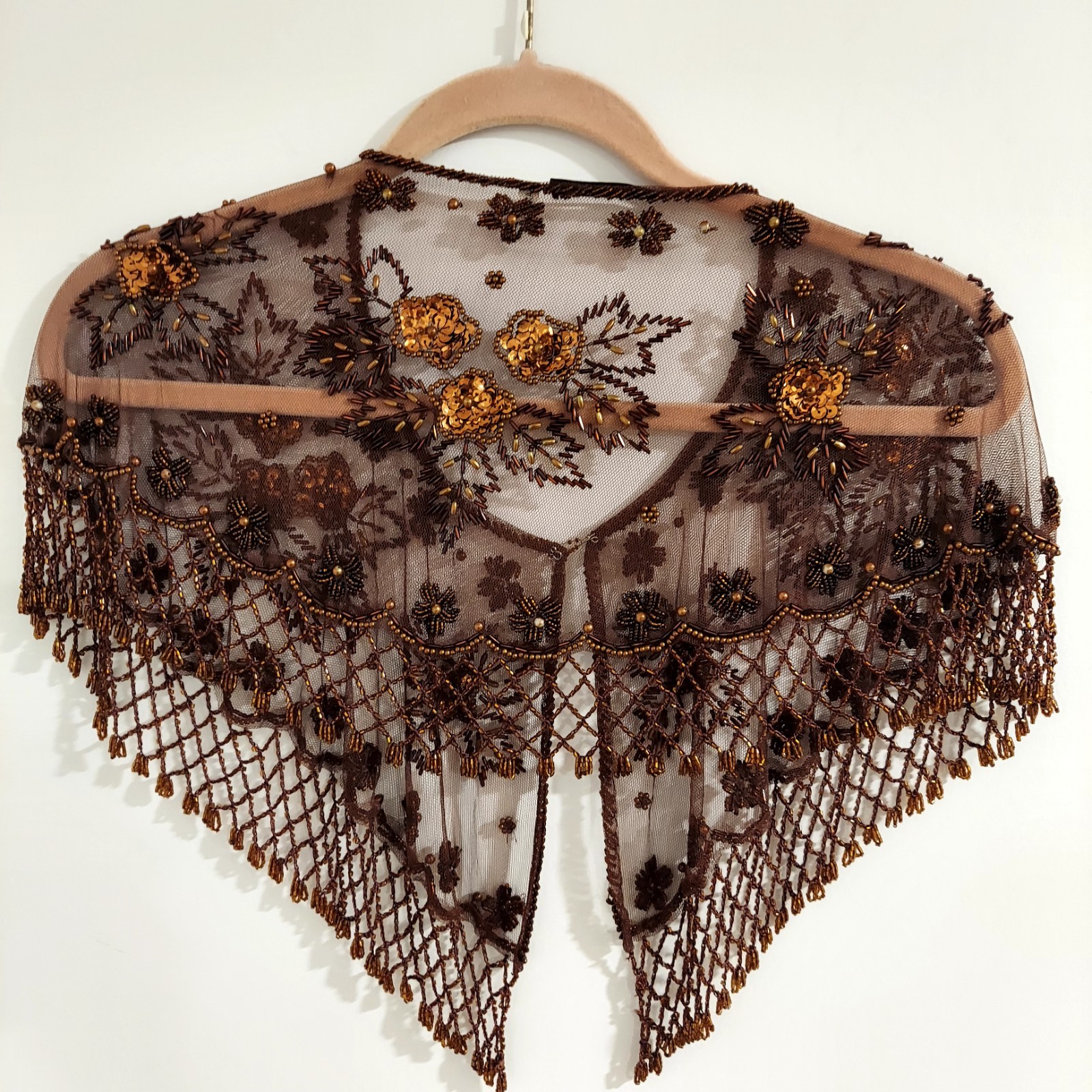 Vintage J&X NY Copper Brown Mesh Capelet adorned with bronze and gold sequin Sm