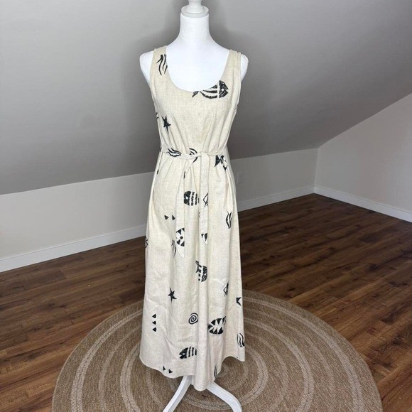 Connie Choi Vintage Linen Blend Nautical Fish Print Maxi Dress Beige Small 70645