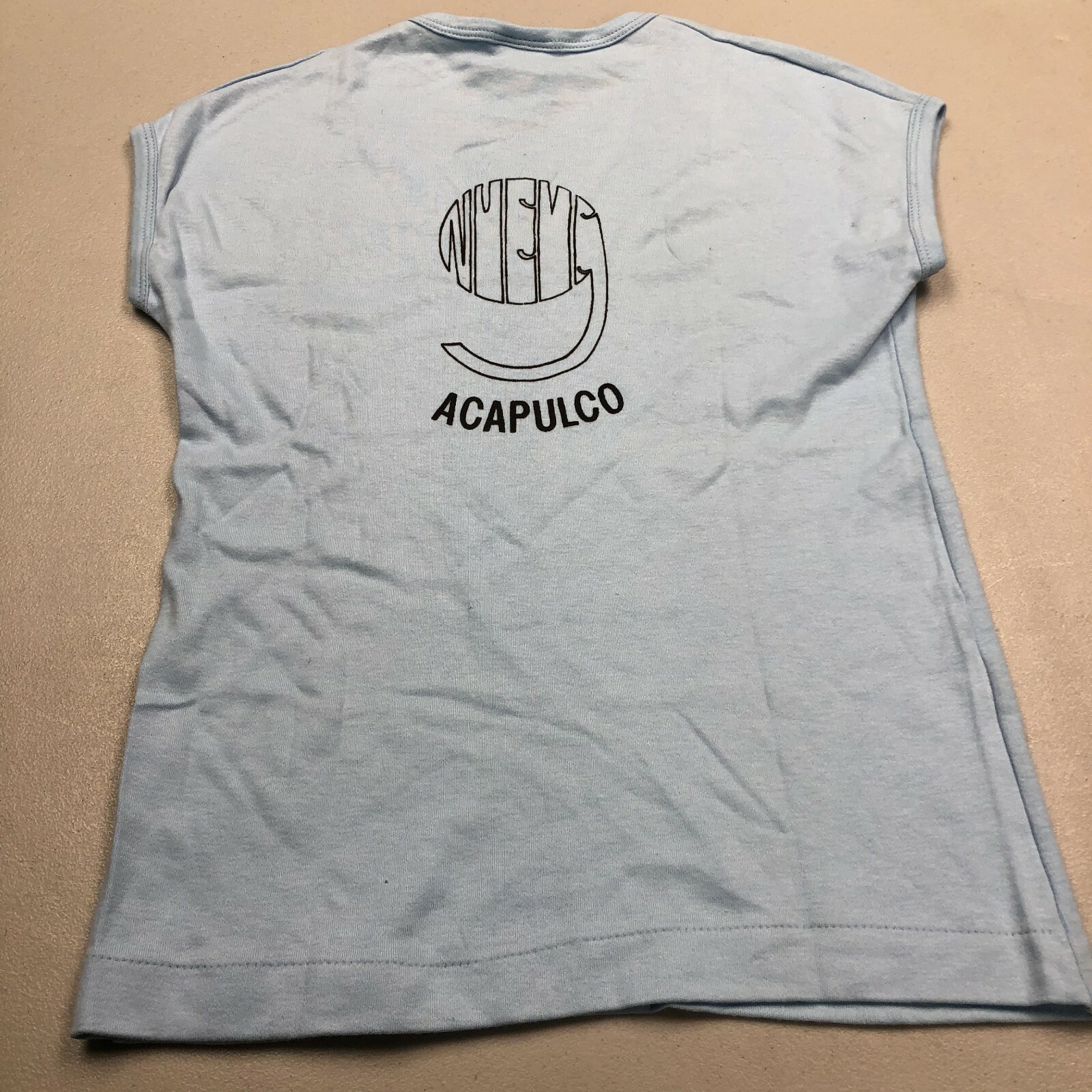 Vintage Shato Acapulco Double Sided Single Stitch Sleeveless Large Blue T Shirt