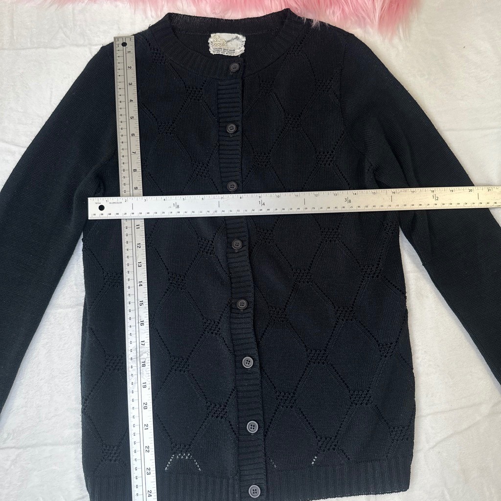 Vintage Goth Indie Black Pointelle Diamond Knit Cardigan Sweater USA Made MEDIUM