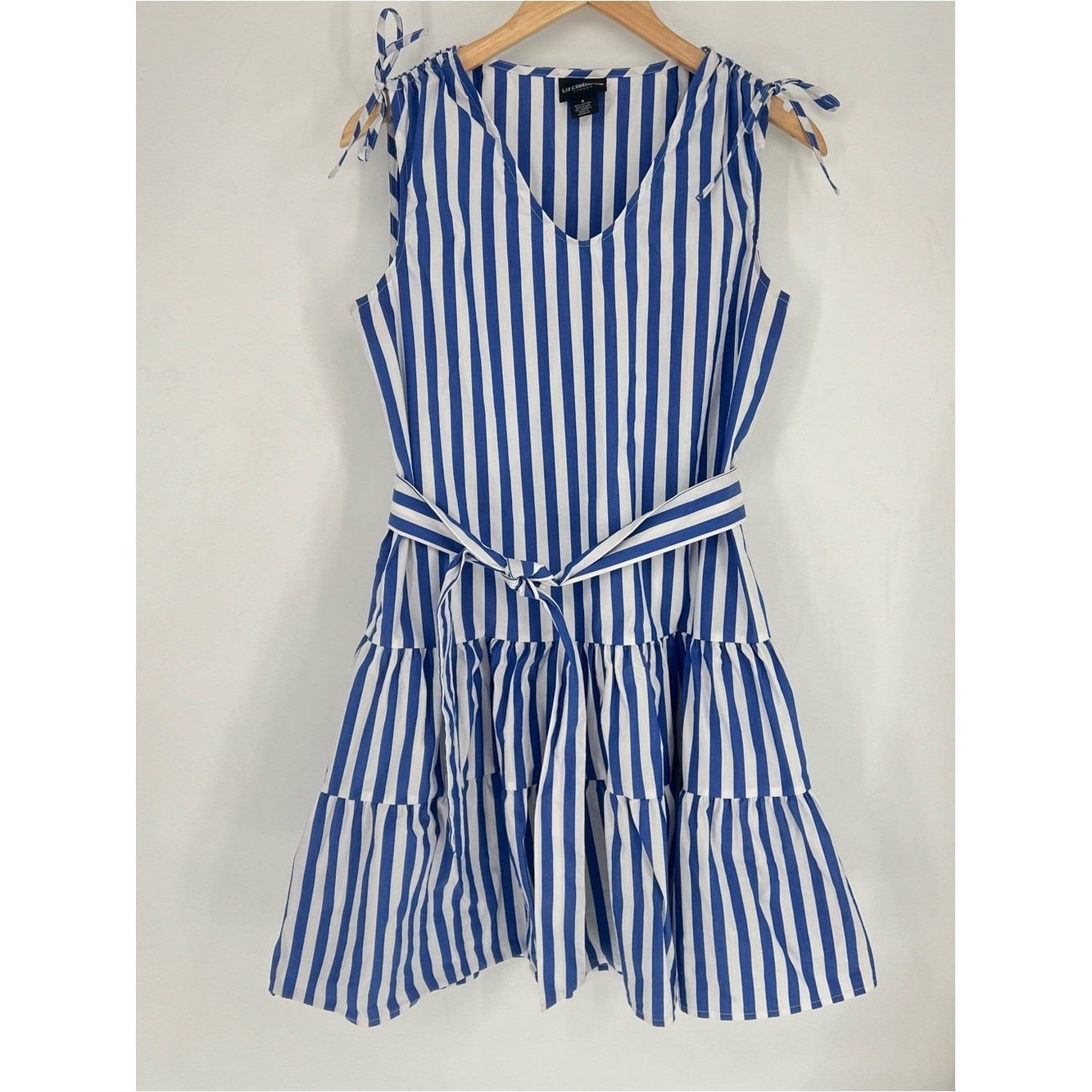 Vintage Liz Claiborne Career Blue White Striped Tie-Waist Summer Dress Tiered 4