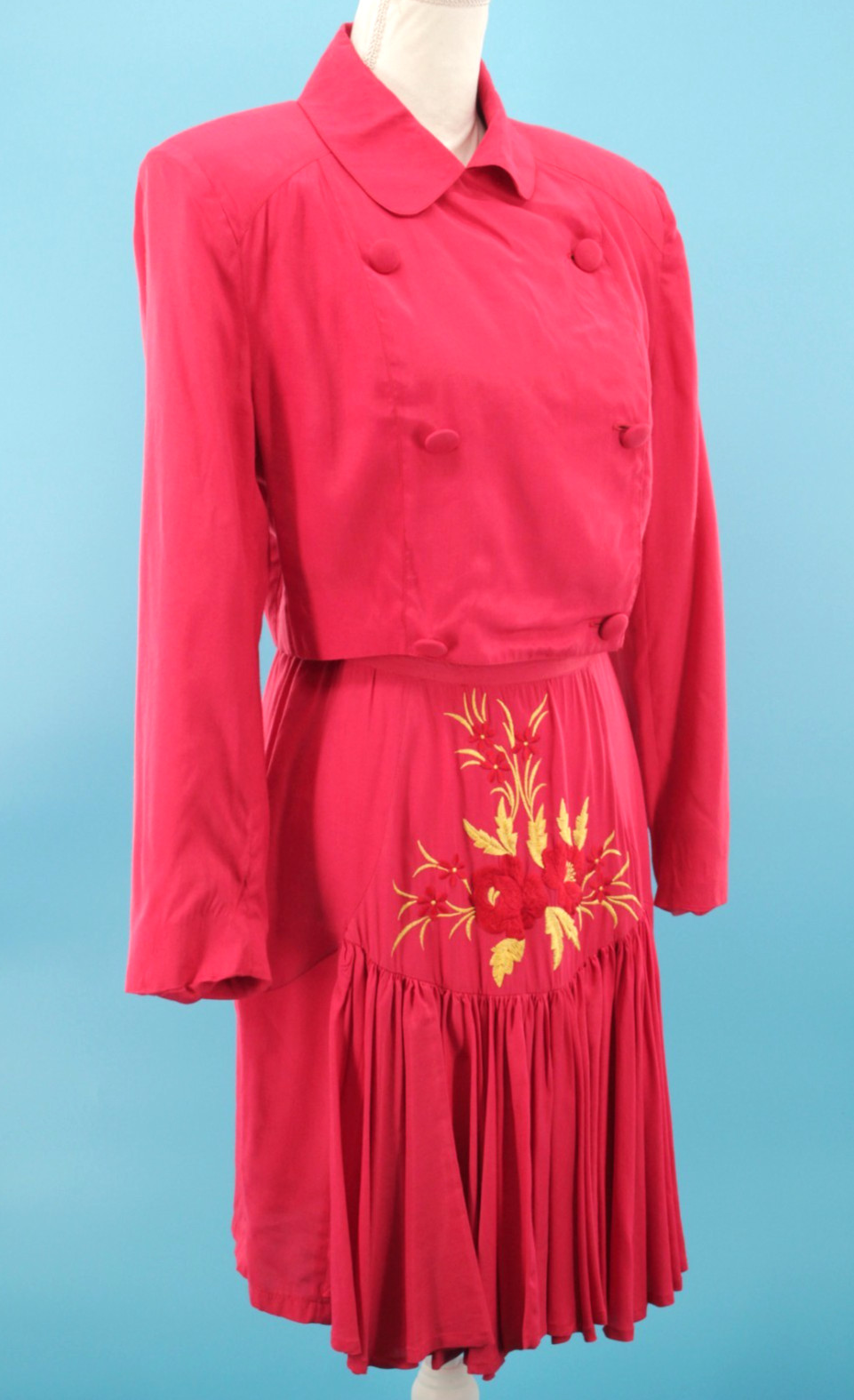 VTG Womens 90s 2 Pc Coral Red Embroidered Rayon Top & Skirt Dress Set XS/S 1990s